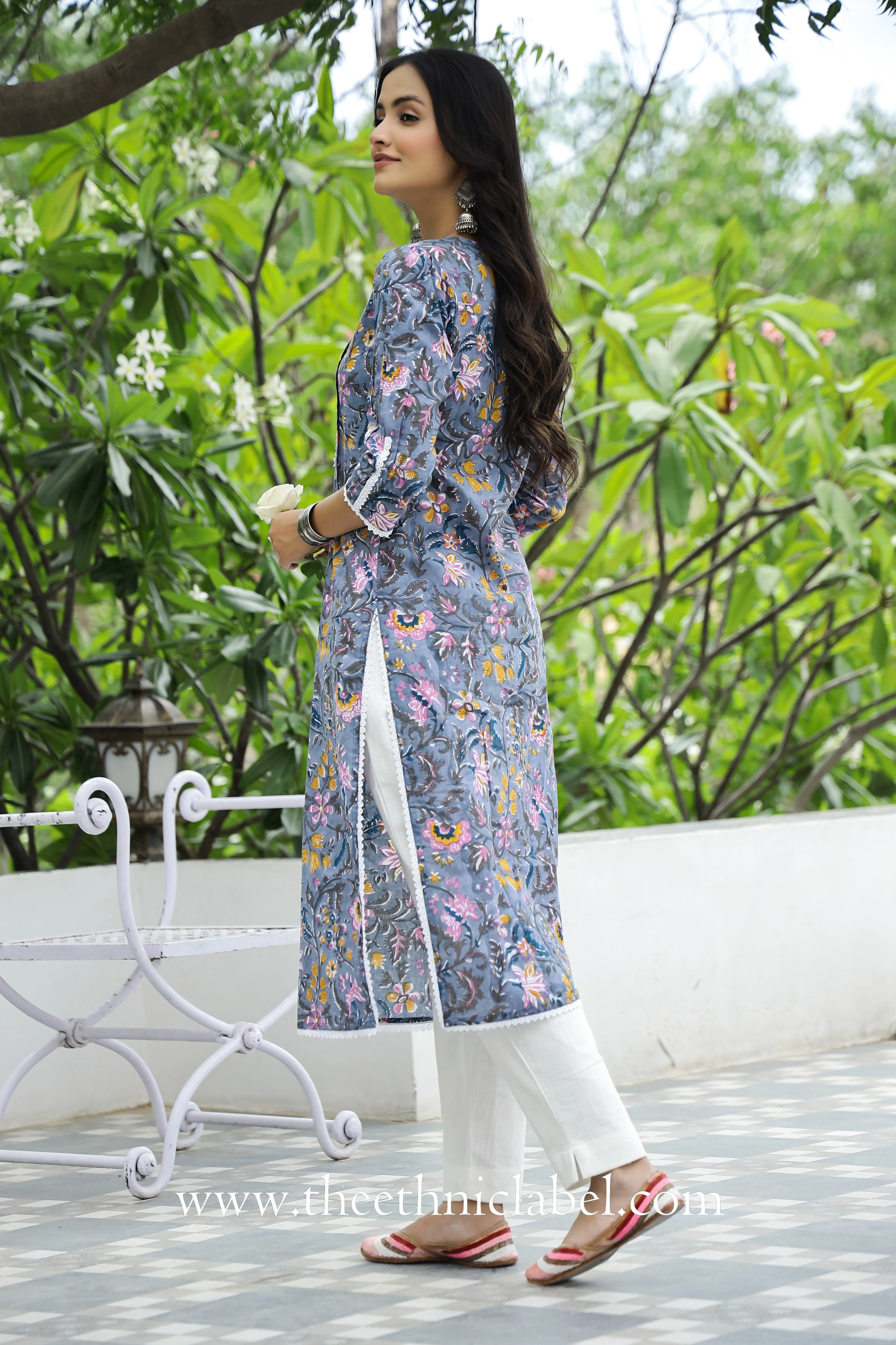 "Aina" Grey Laced Cotton Kurta - Image 4