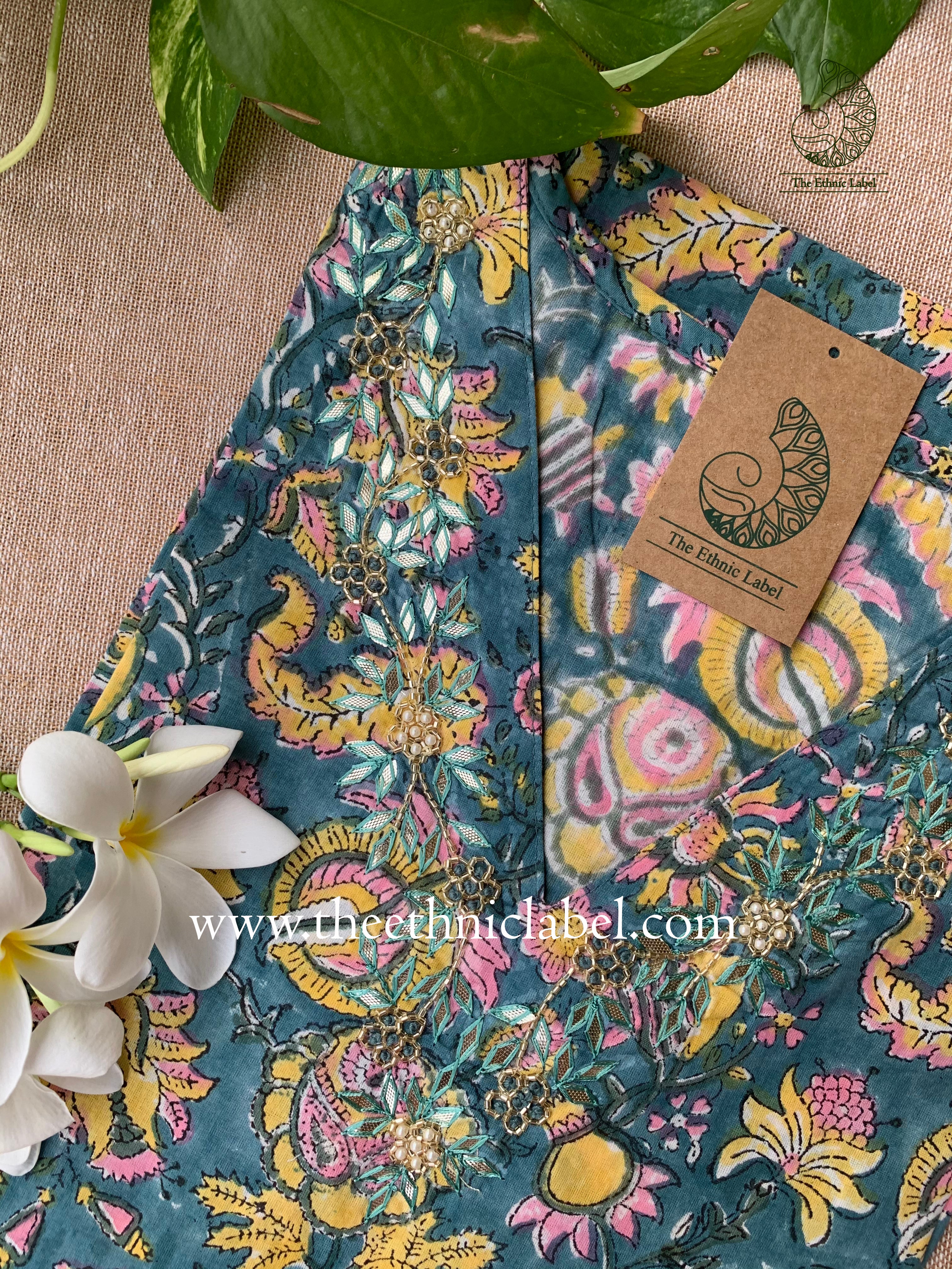 "Akshara" Hand Embroidered Block Printed Cotton kurta - Image 3