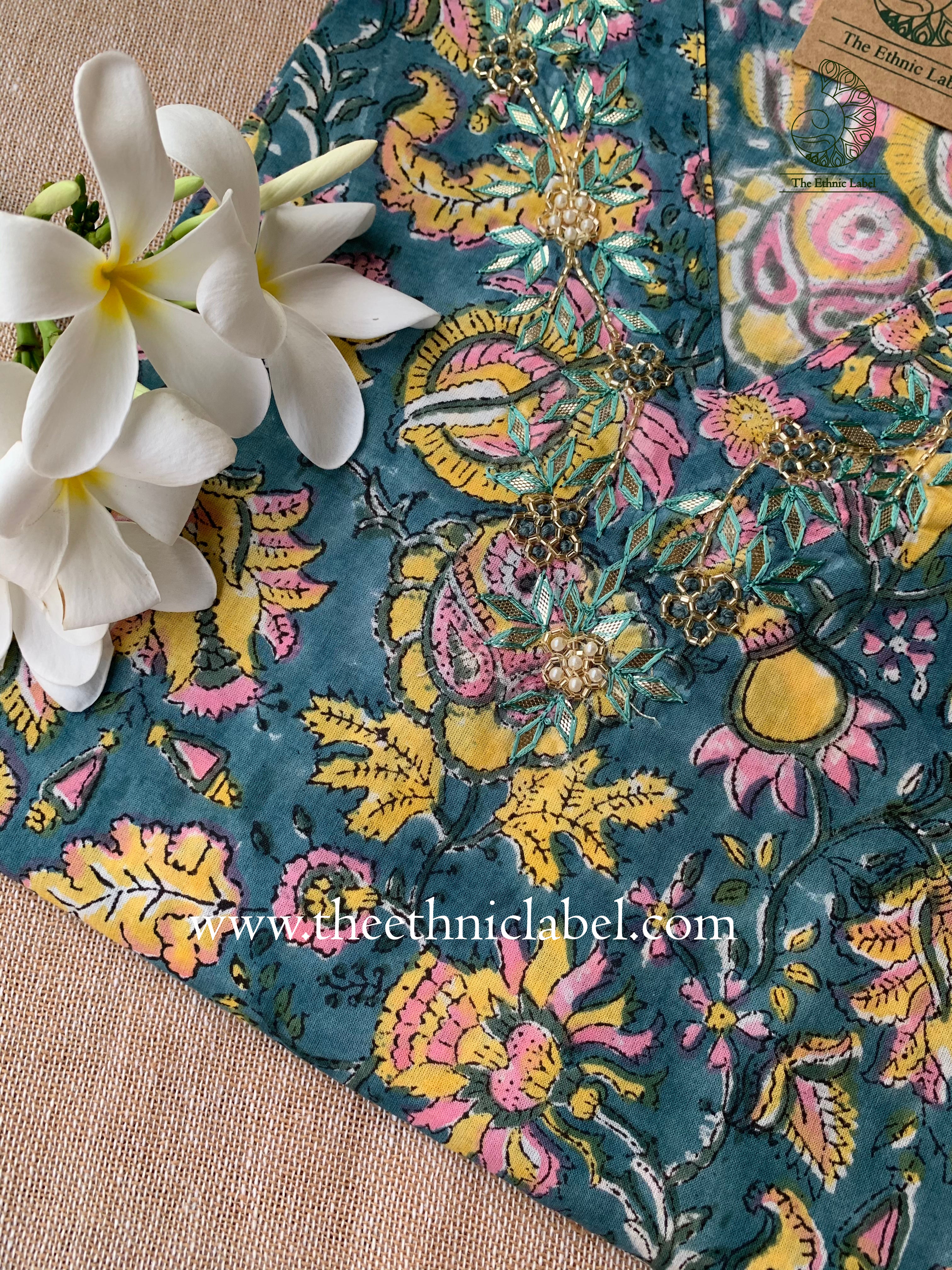 "Akshara" Hand Embroidered Block Printed Cotton kurta - Image 4