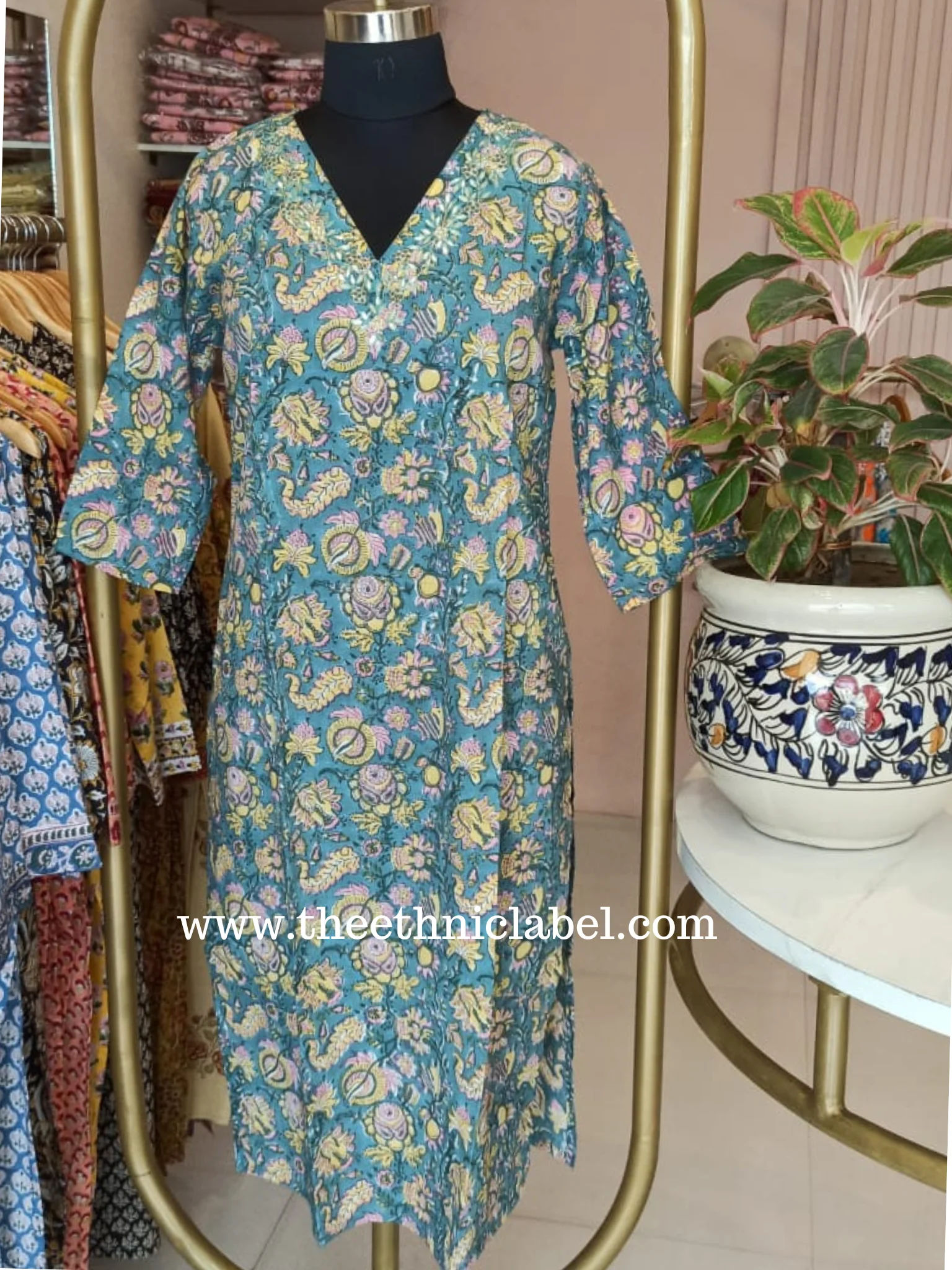 "Akshara" Hand Embroidered Block Printed Cotton kurta - Image 5