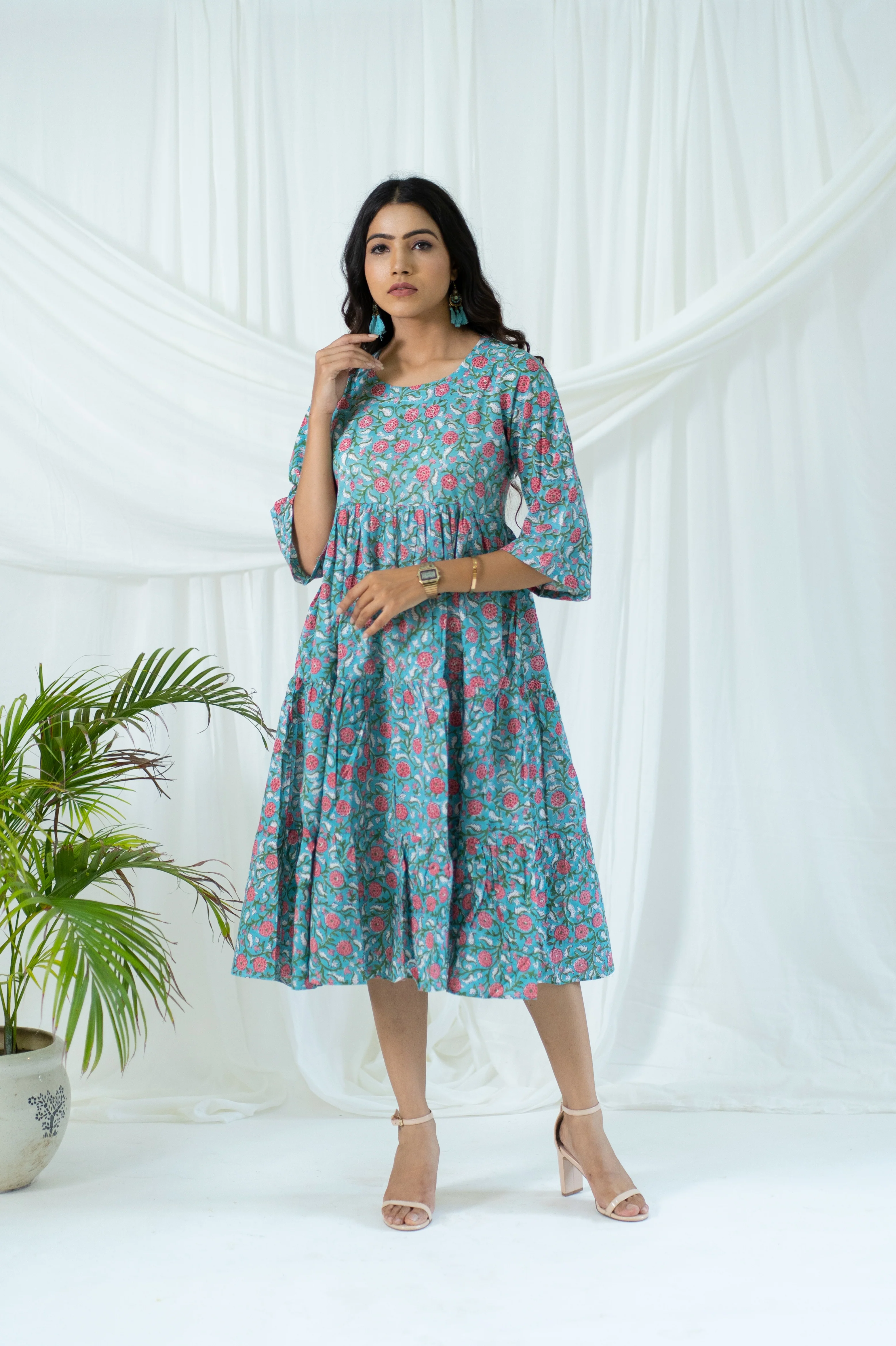Blue Floral Tiered Cotton Dress - Image 3