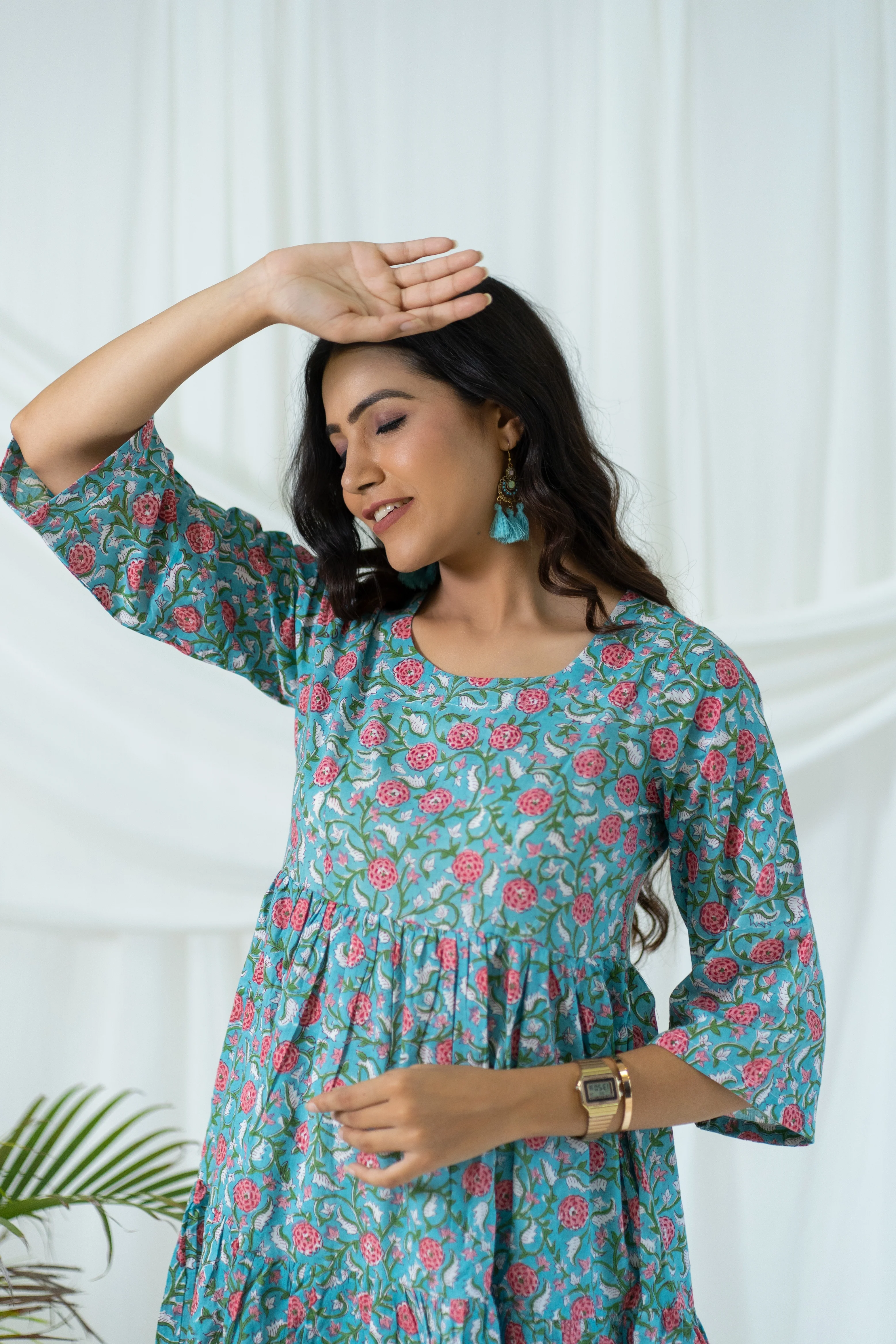 Blue Floral Tiered Cotton Dress - Image 4