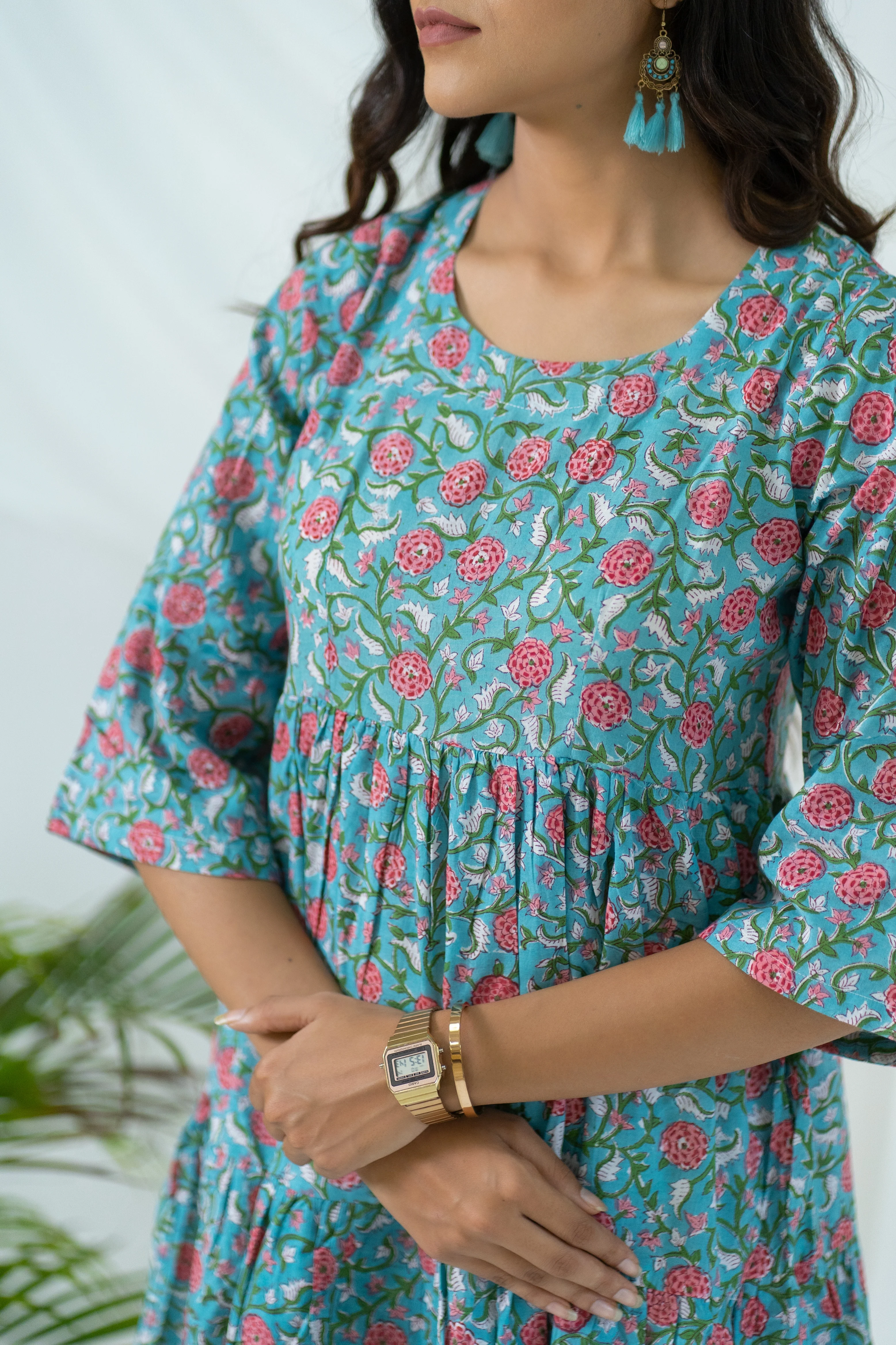 Blue Floral Tiered Cotton Dress - Image 5