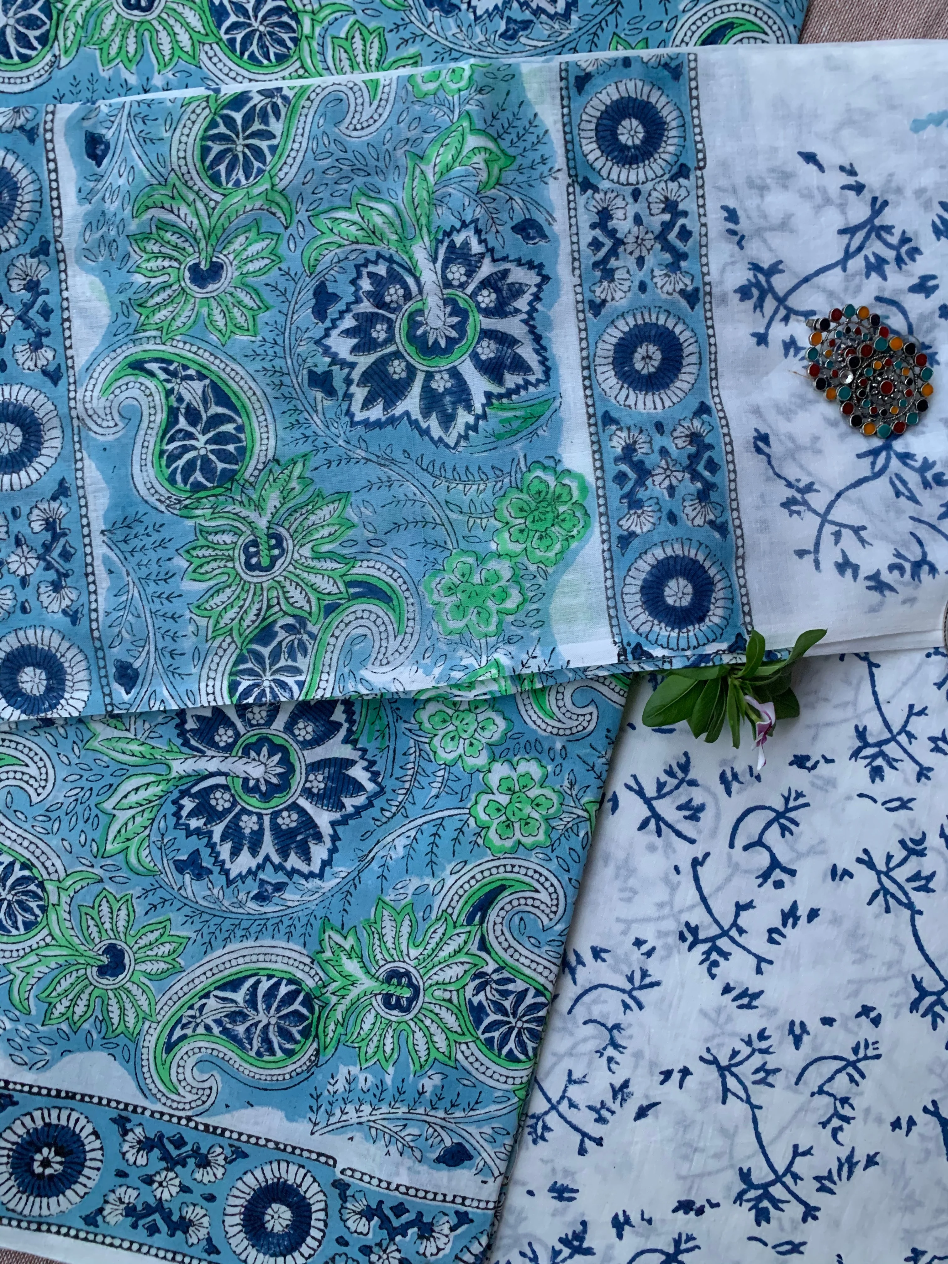 Blue-Green Unstitched Suit Set with Dupatta - Image 4