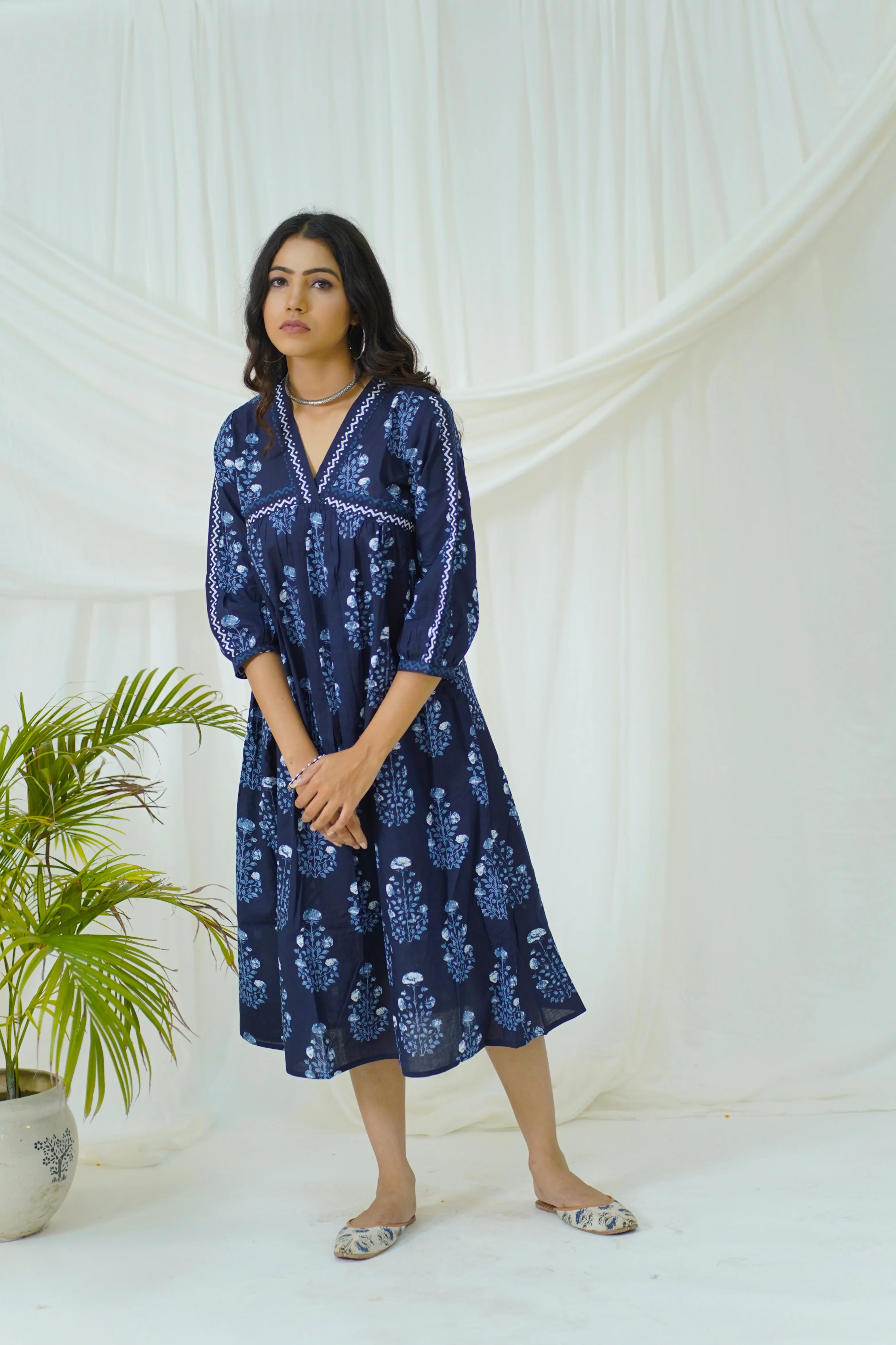 Hand Block Printed Indigo Cotton dress - Image 3