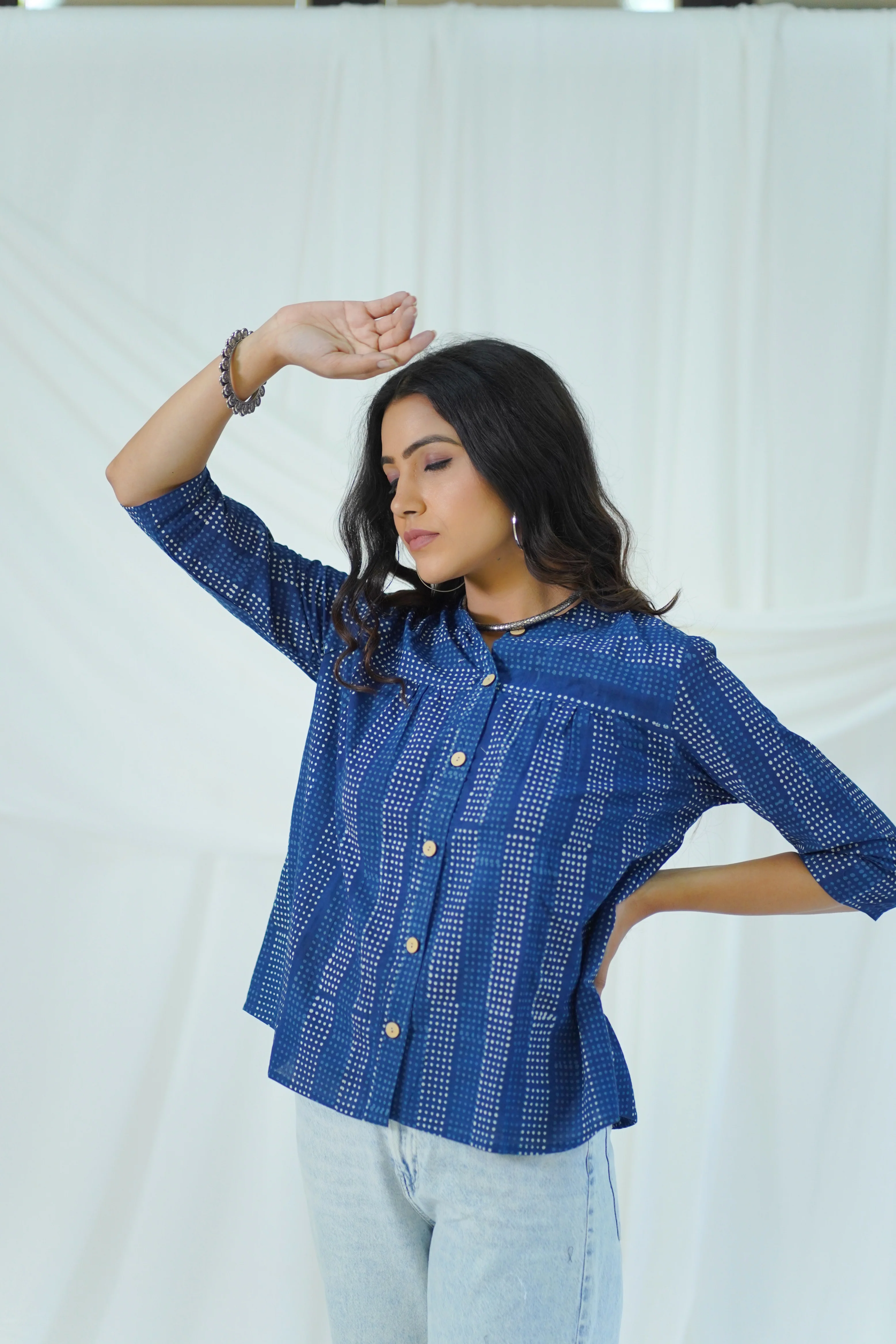 Hand Block Printed Indigo Dabu Striped Shirt - Image 3
