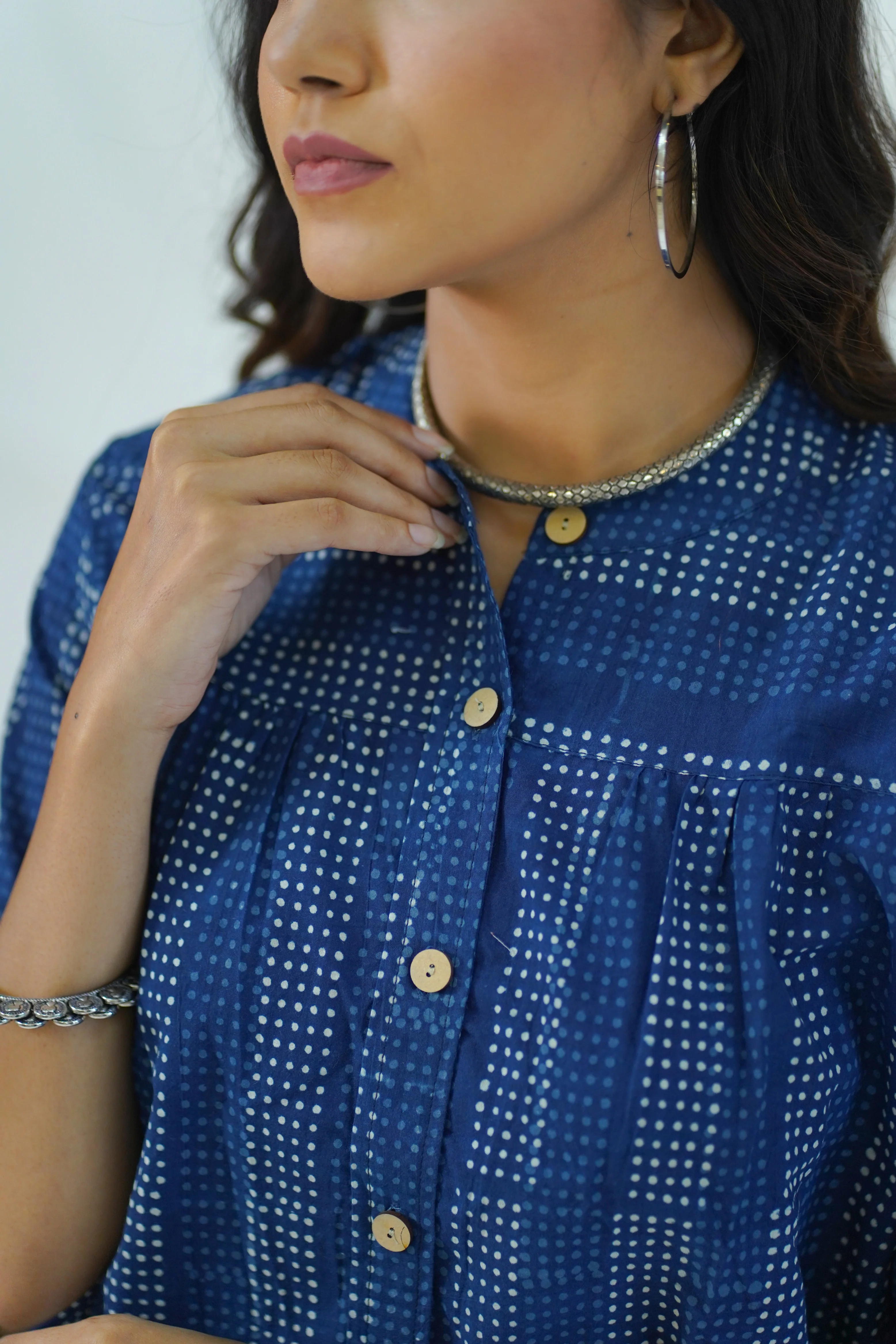 Hand Block Printed Indigo Dabu Striped Shirt - Image 5