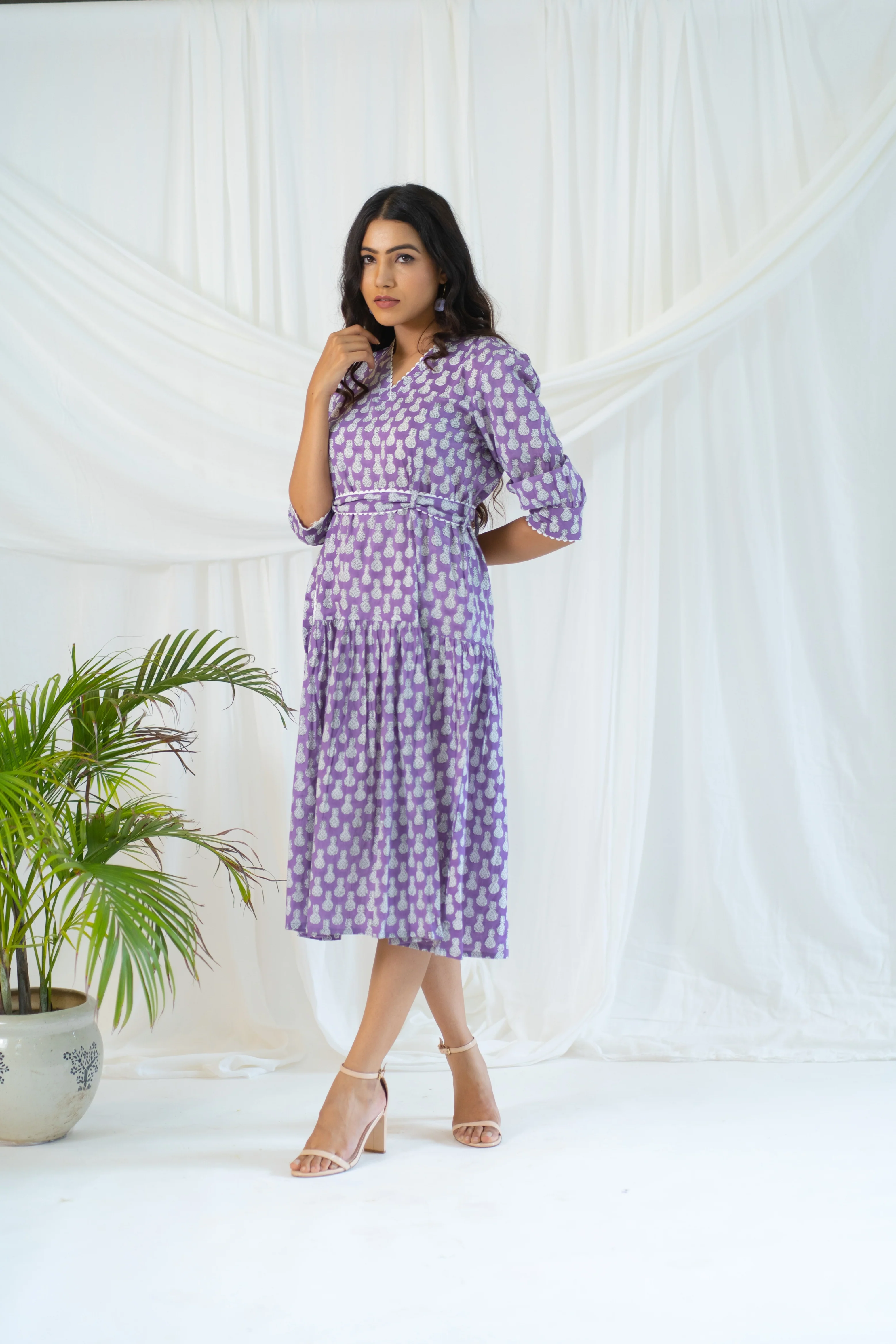 Lavender Hand Block Printed Pineapple Laced Dress - Image 3