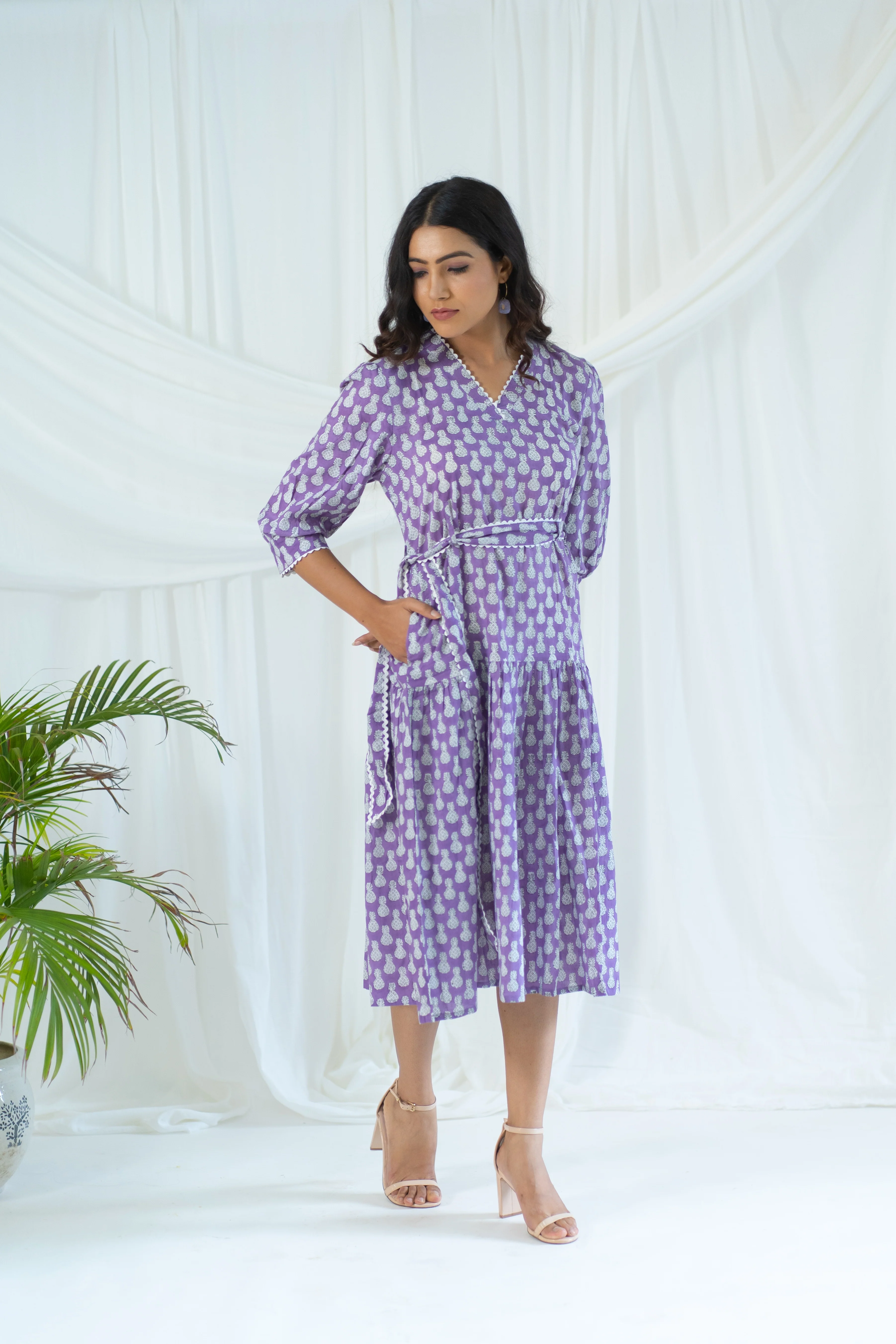 Lavender Hand Block Printed Pineapple Laced Dress - Image 4