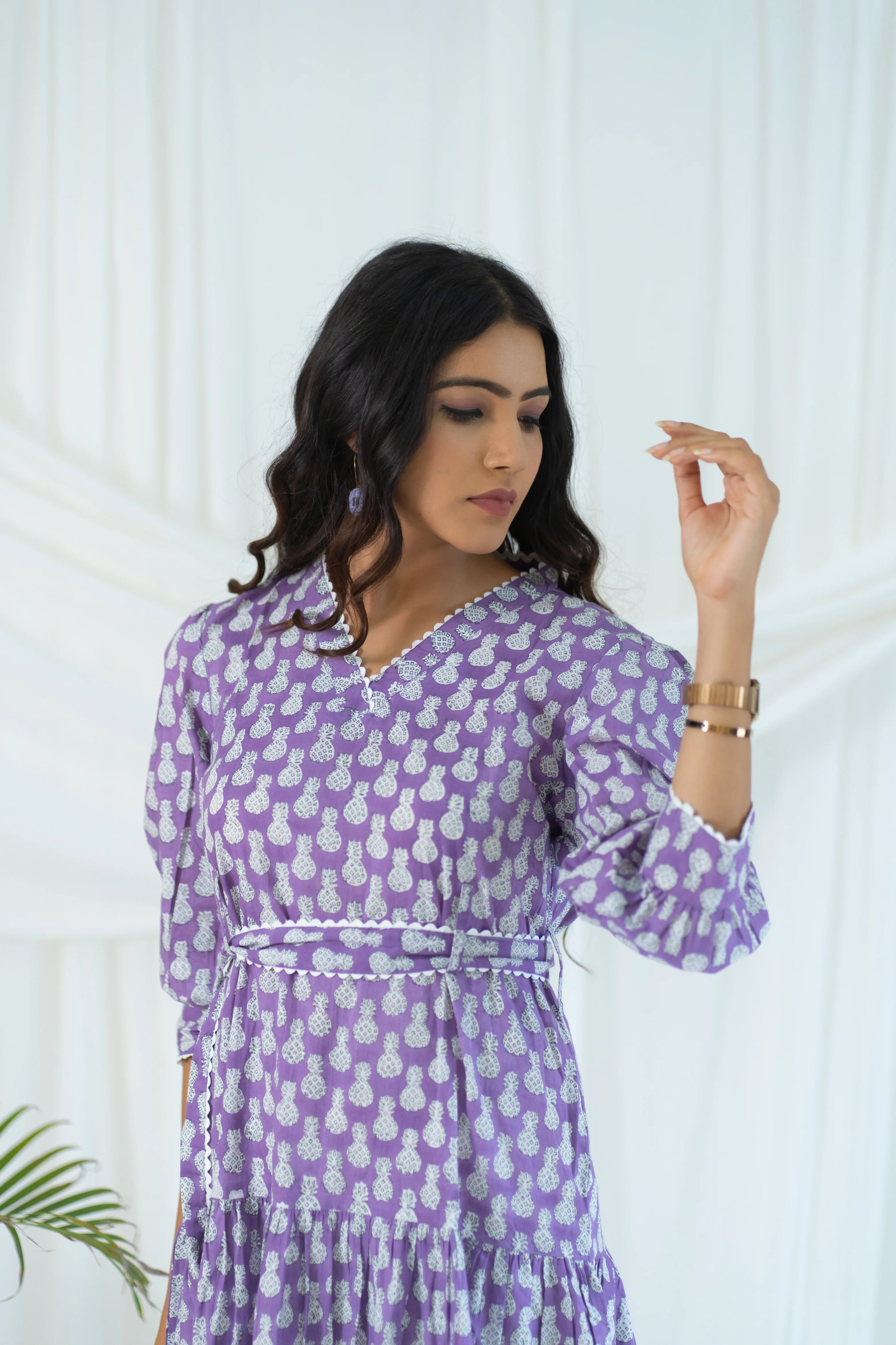 Lavender Hand Block Printed Pineapple Laced Dress - Image 5