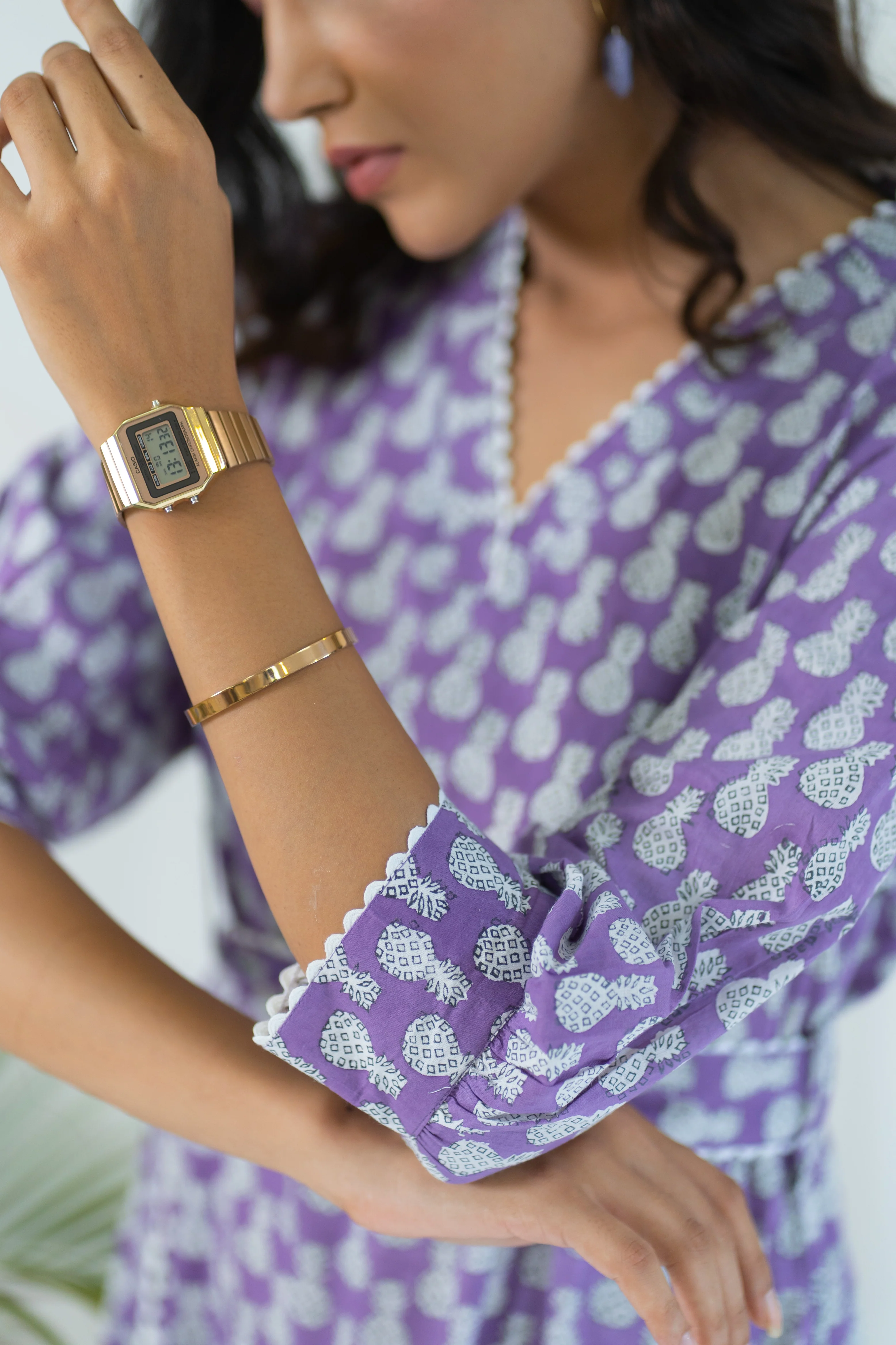 Lavender Hand Block Printed Pineapple Laced Dress - Image 6