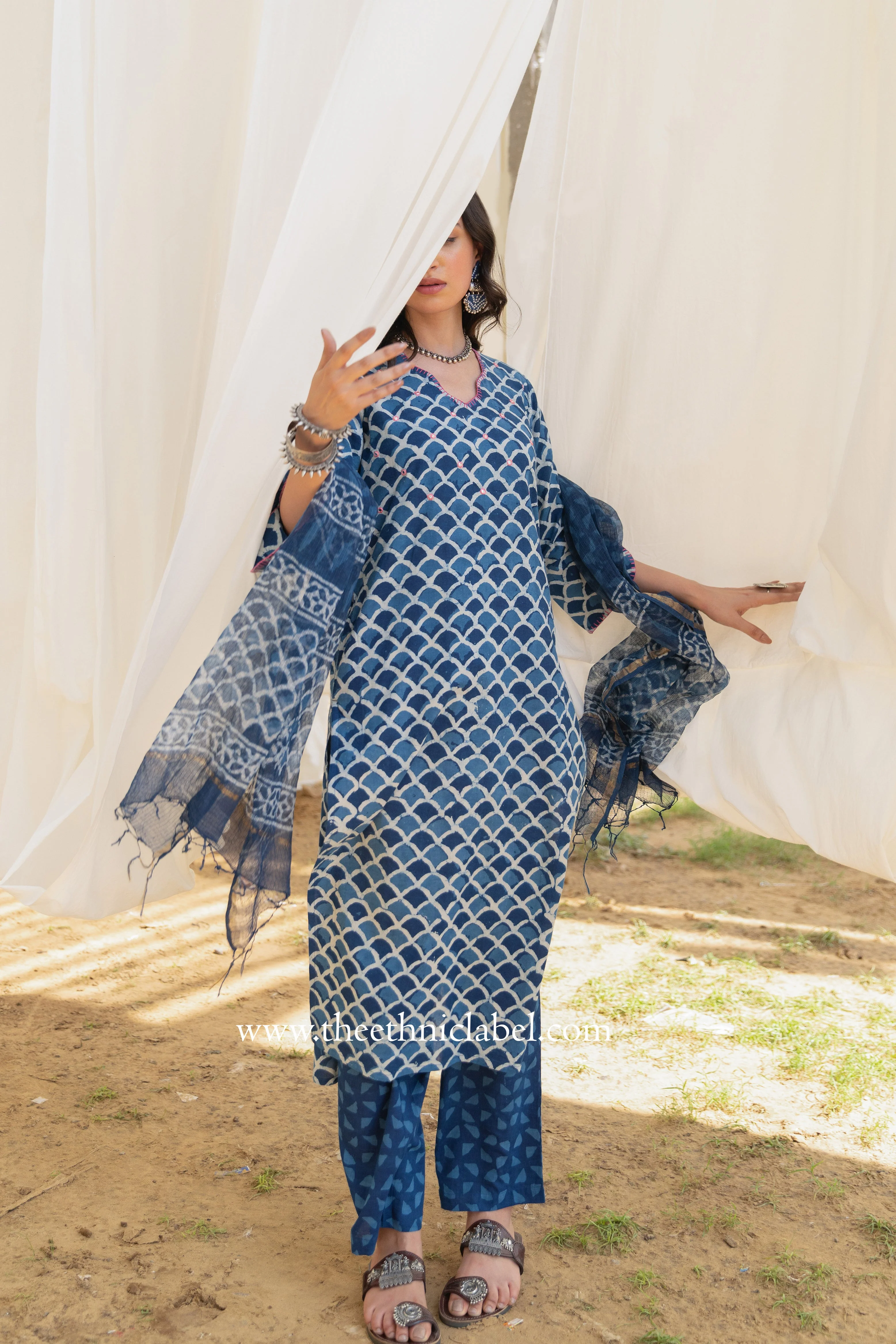 "Khwaab" Cotton Kurta Set with Kota Doria Dupatta (3pc) - Image 6