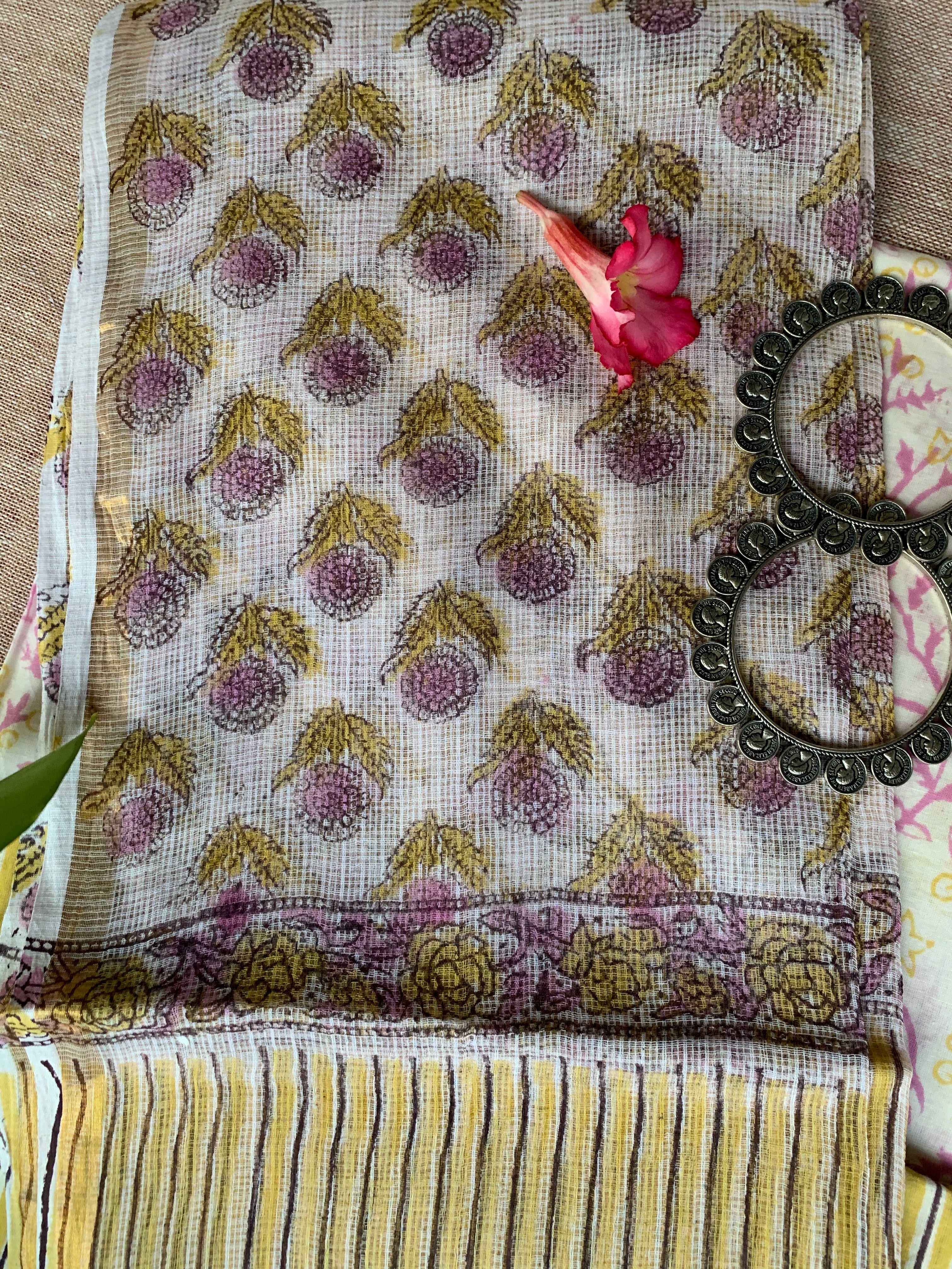 Mustard Striped Unstitched Suit Set with Doria Dupatta - Image 4