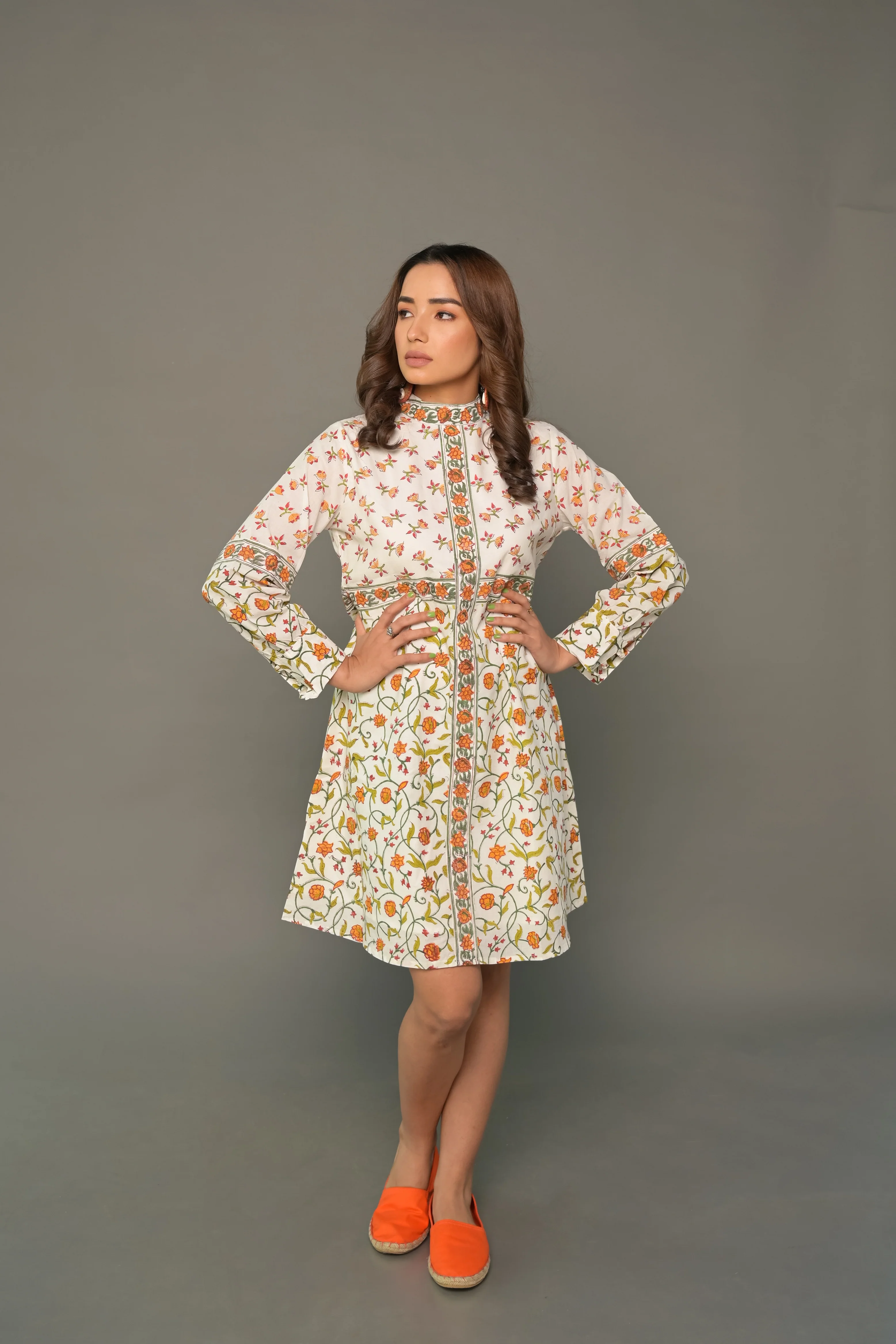 Orange 'Ornamental' Hand Block Printed Cotton Short Dress - Image 4