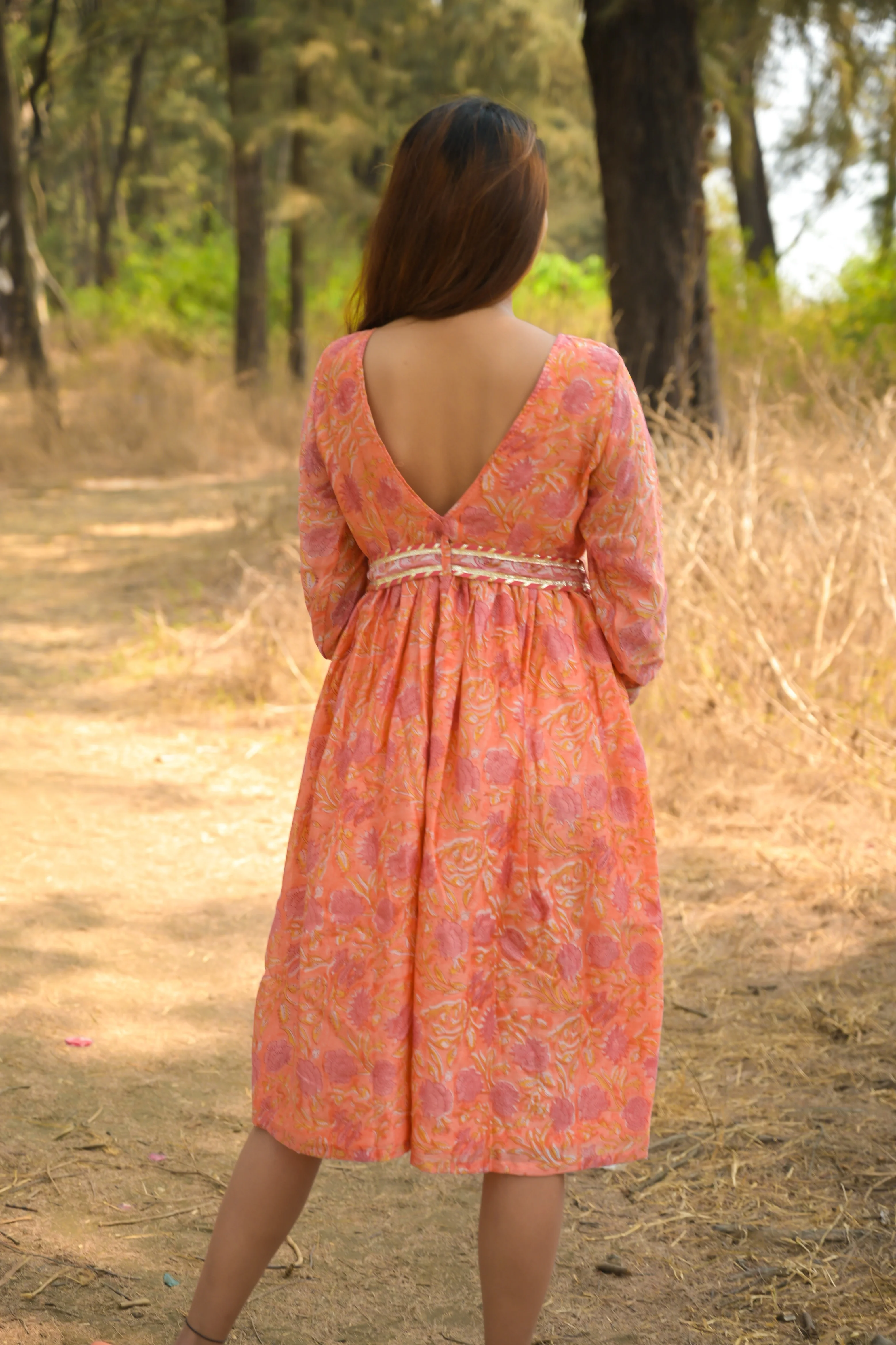 Peach 'Playful' Floral Chanderi Dress - Image 4