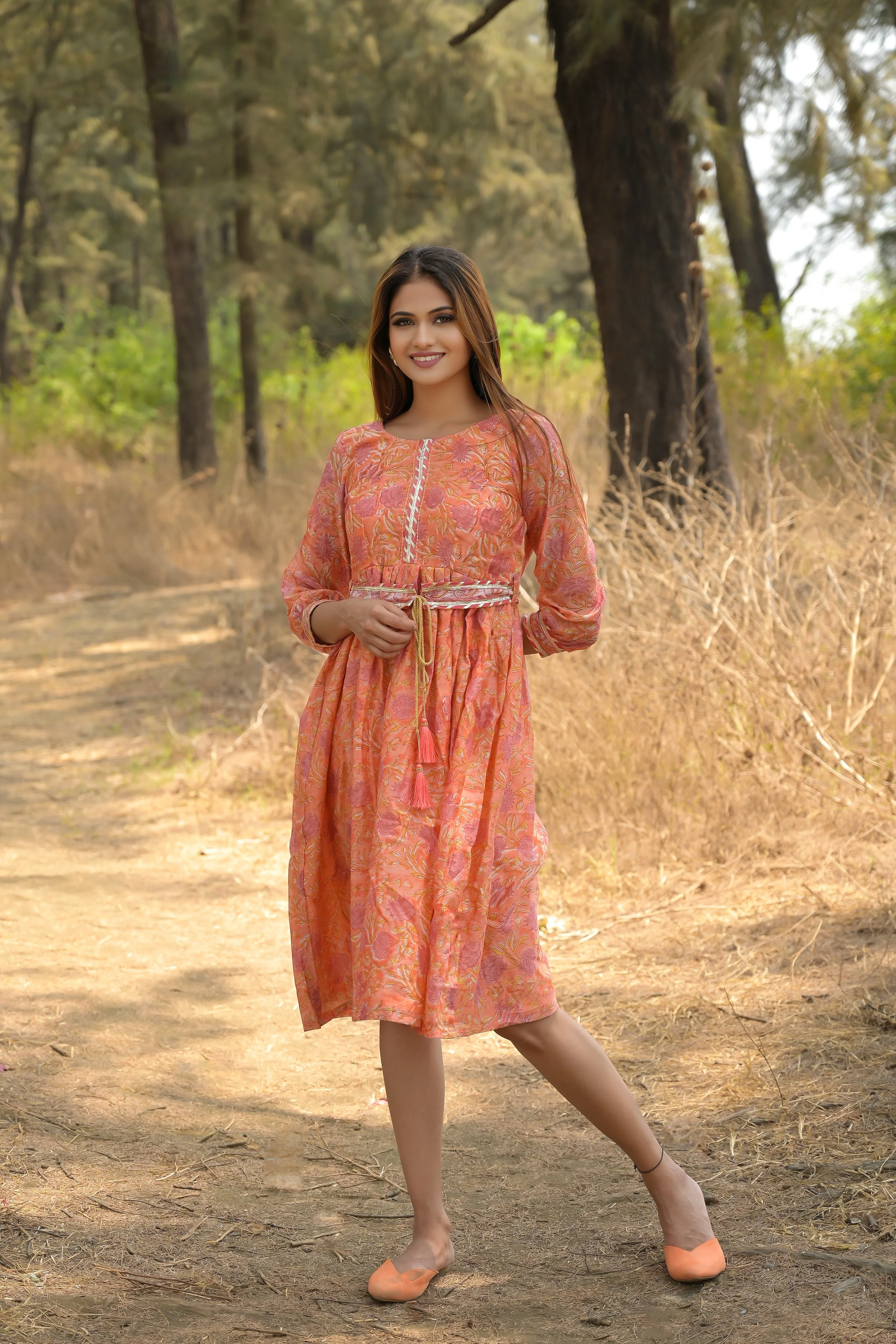 Peach 'Playful' Floral Chanderi Dress - Image 6