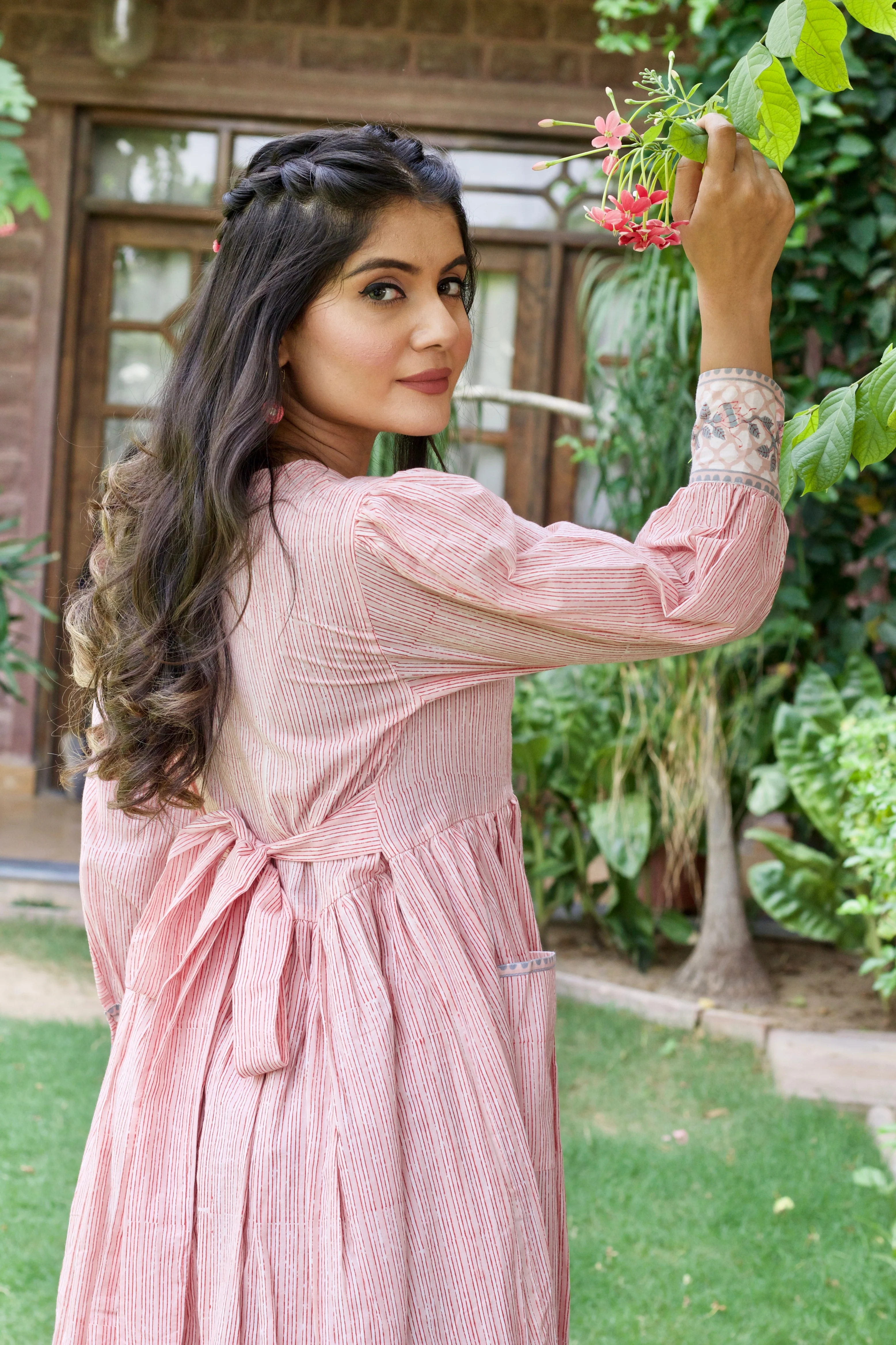 Pink 'Panache' Hand Block Printed Cotton Striped Dress - Image 4