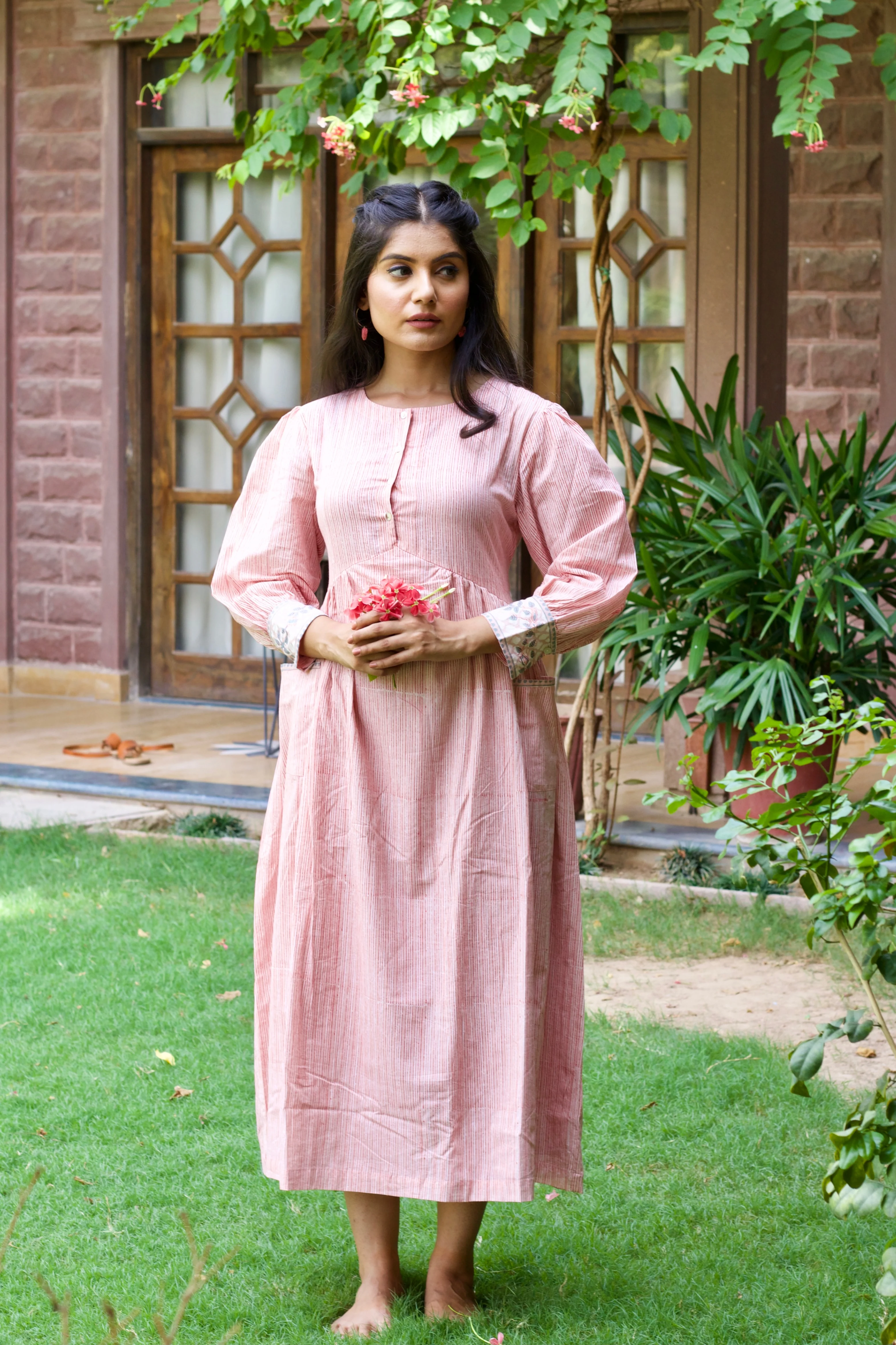 Pink 'Panache' Hand Block Printed Cotton Striped Dress - Image 6