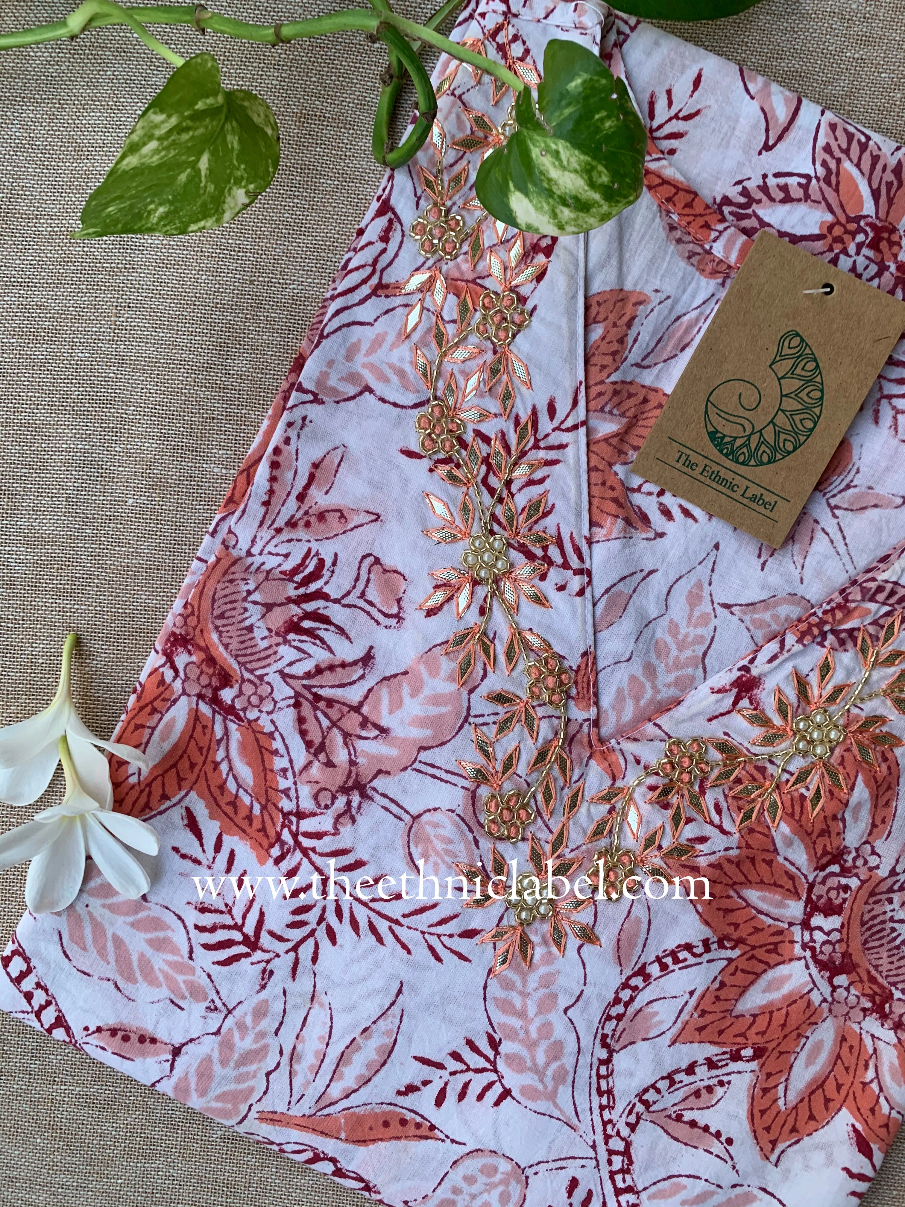 "Ragavi" Hand Embroidered Block Printed Cotton kurta - Image 3