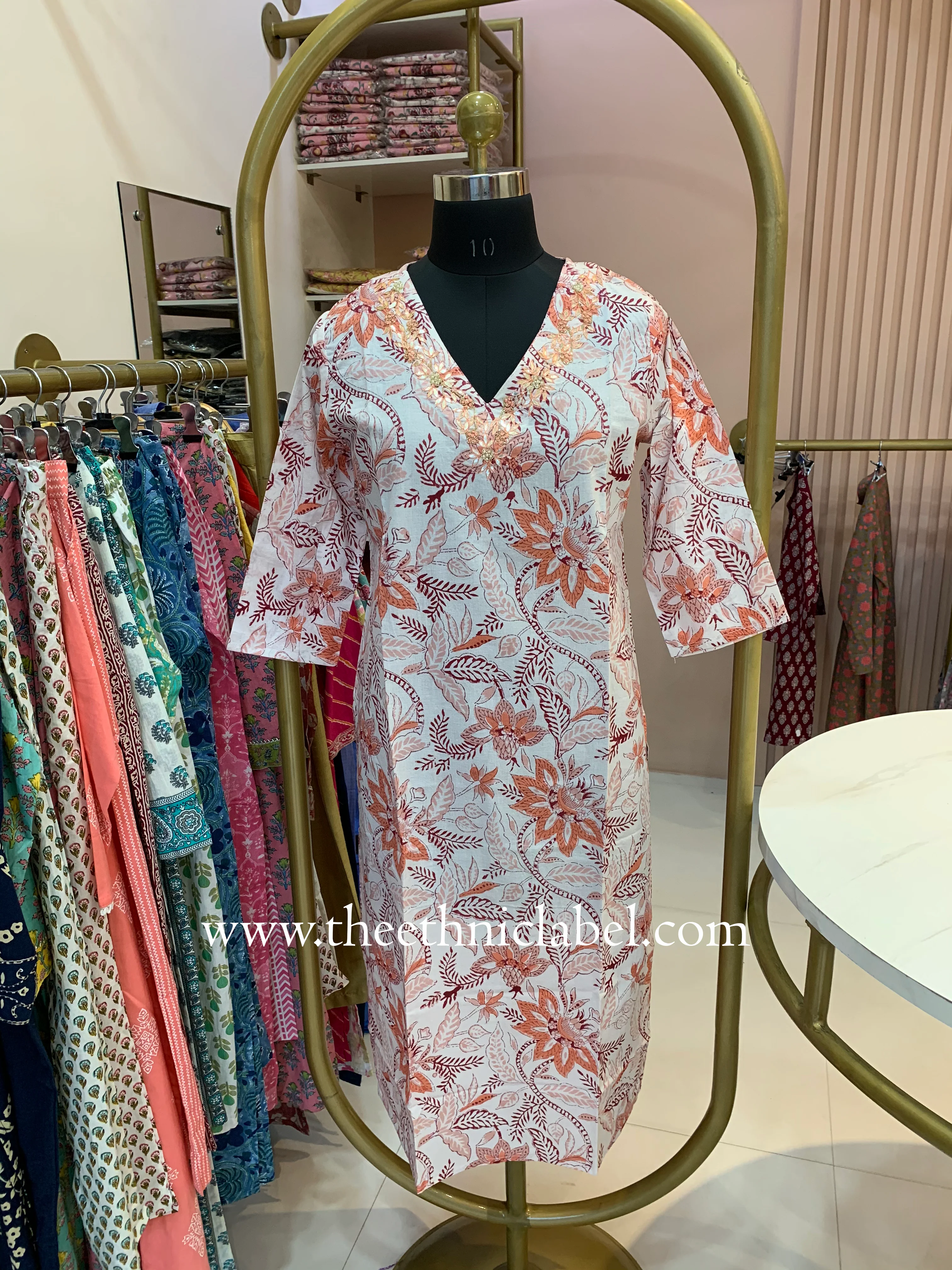 "Ragavi" Hand Embroidered Block Printed Cotton kurta - Image 4