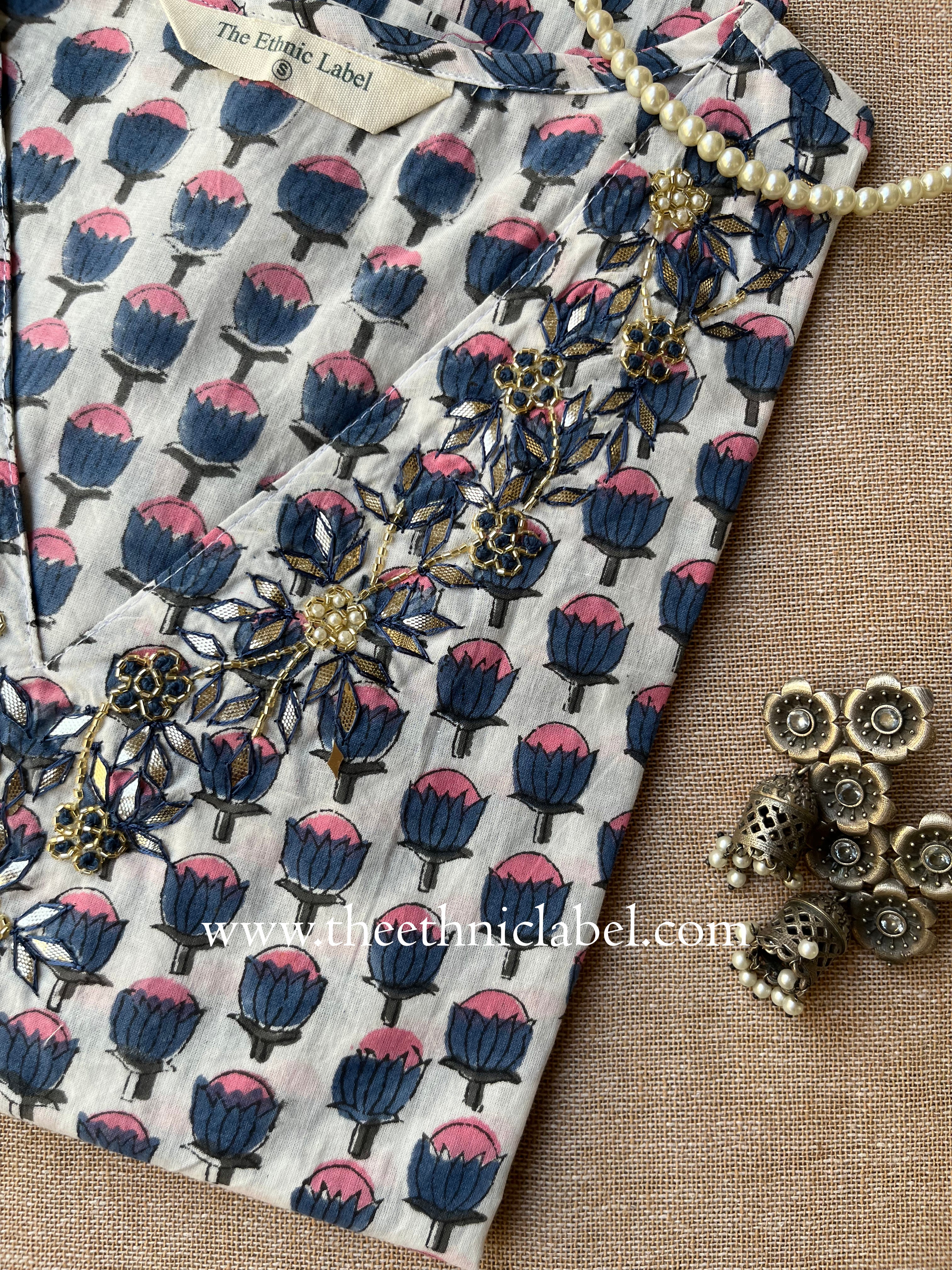 "Rehmat" Hand Embroidered Block Printed Cotton kurta - Image 3