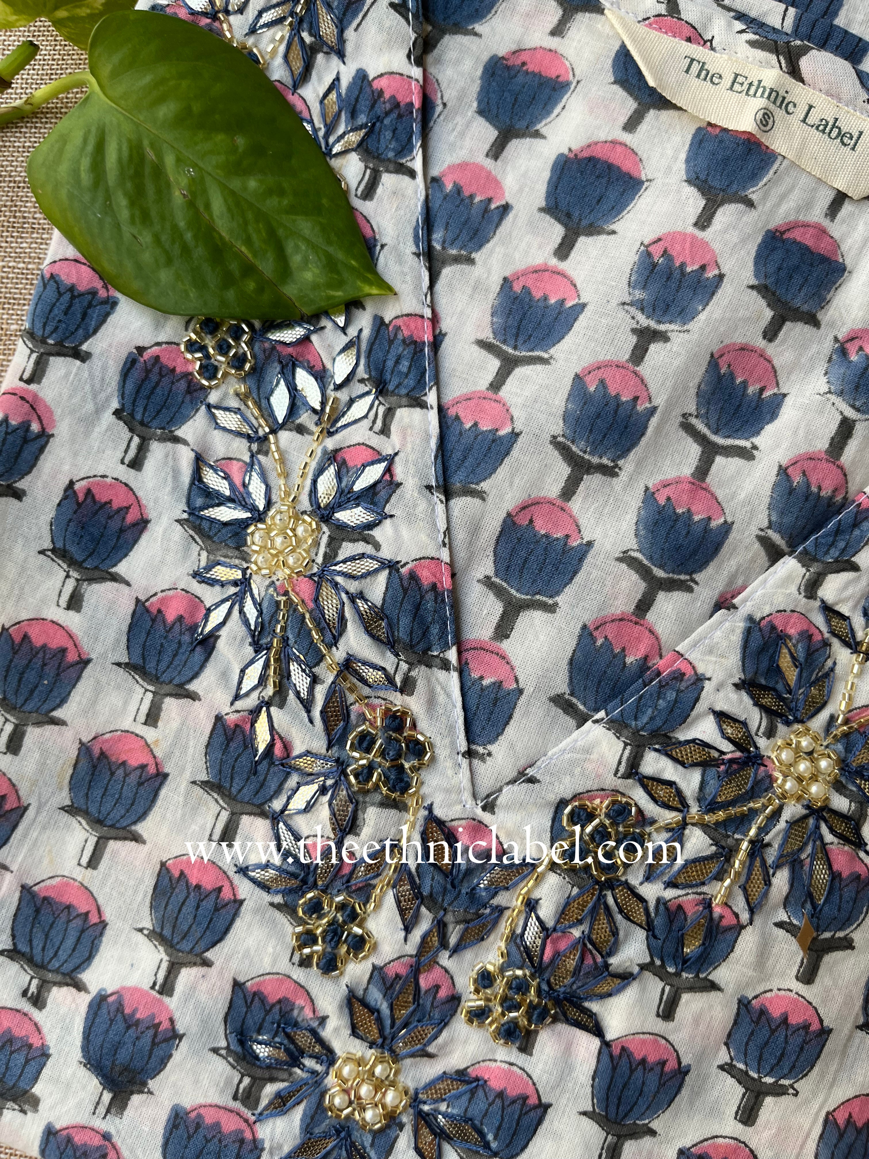 "Rehmat" Hand Embroidered Block Printed Cotton kurta - Image 4