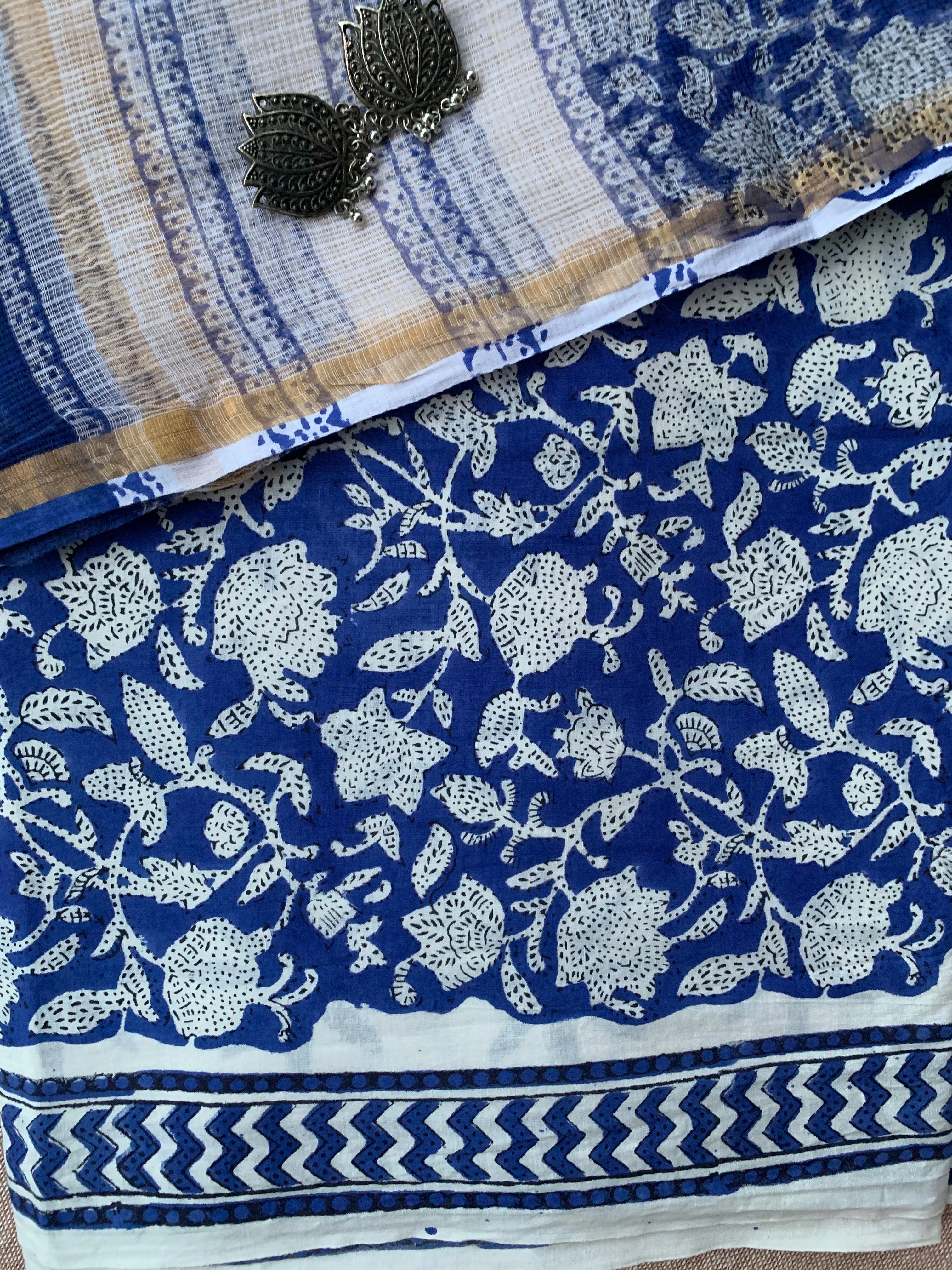 Royal Blue- White Unstitched Suit Set with Doria Dupatta - Image 3