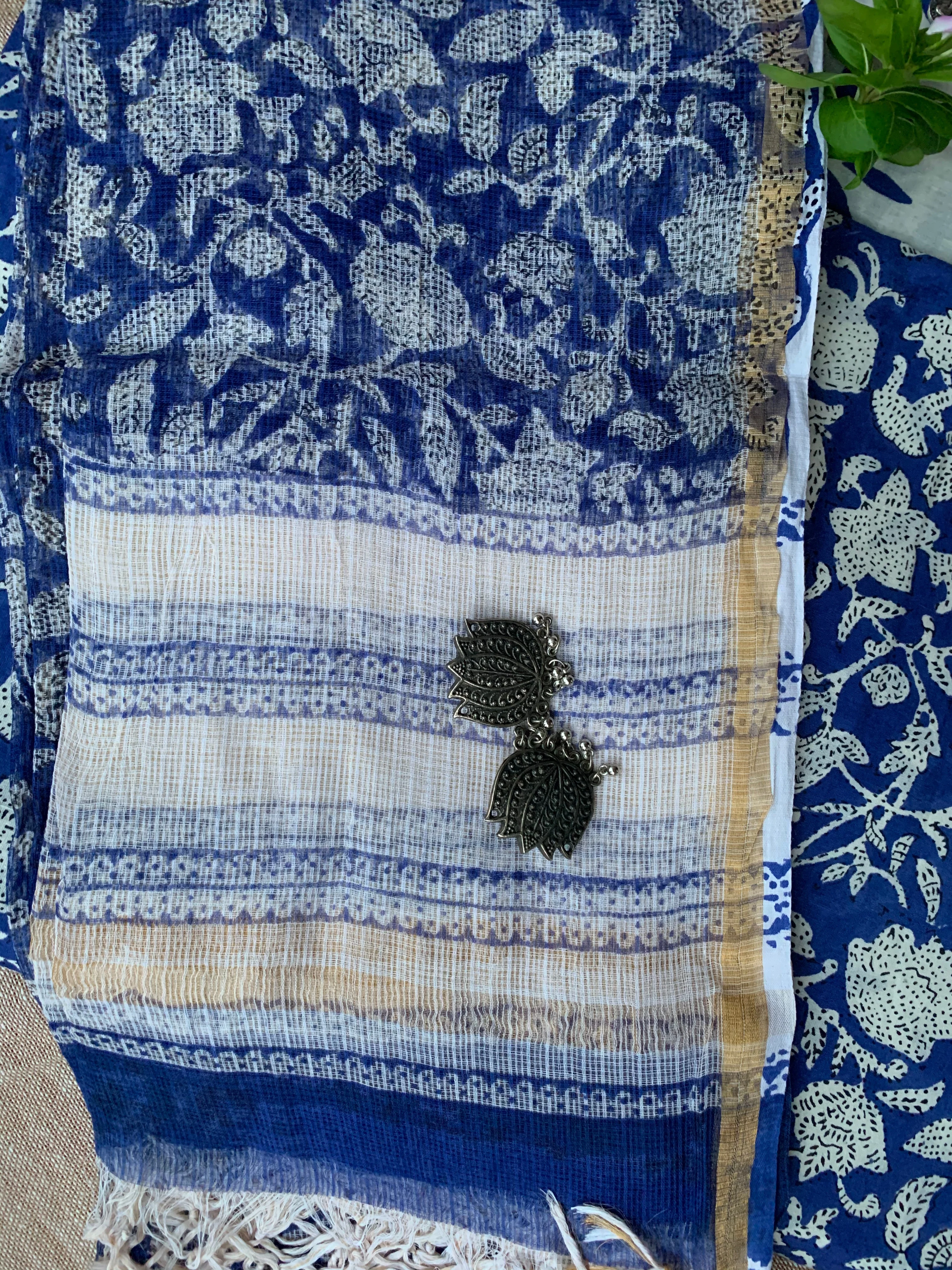 Royal Blue- White Unstitched Suit Set with Doria Dupatta - Image 5