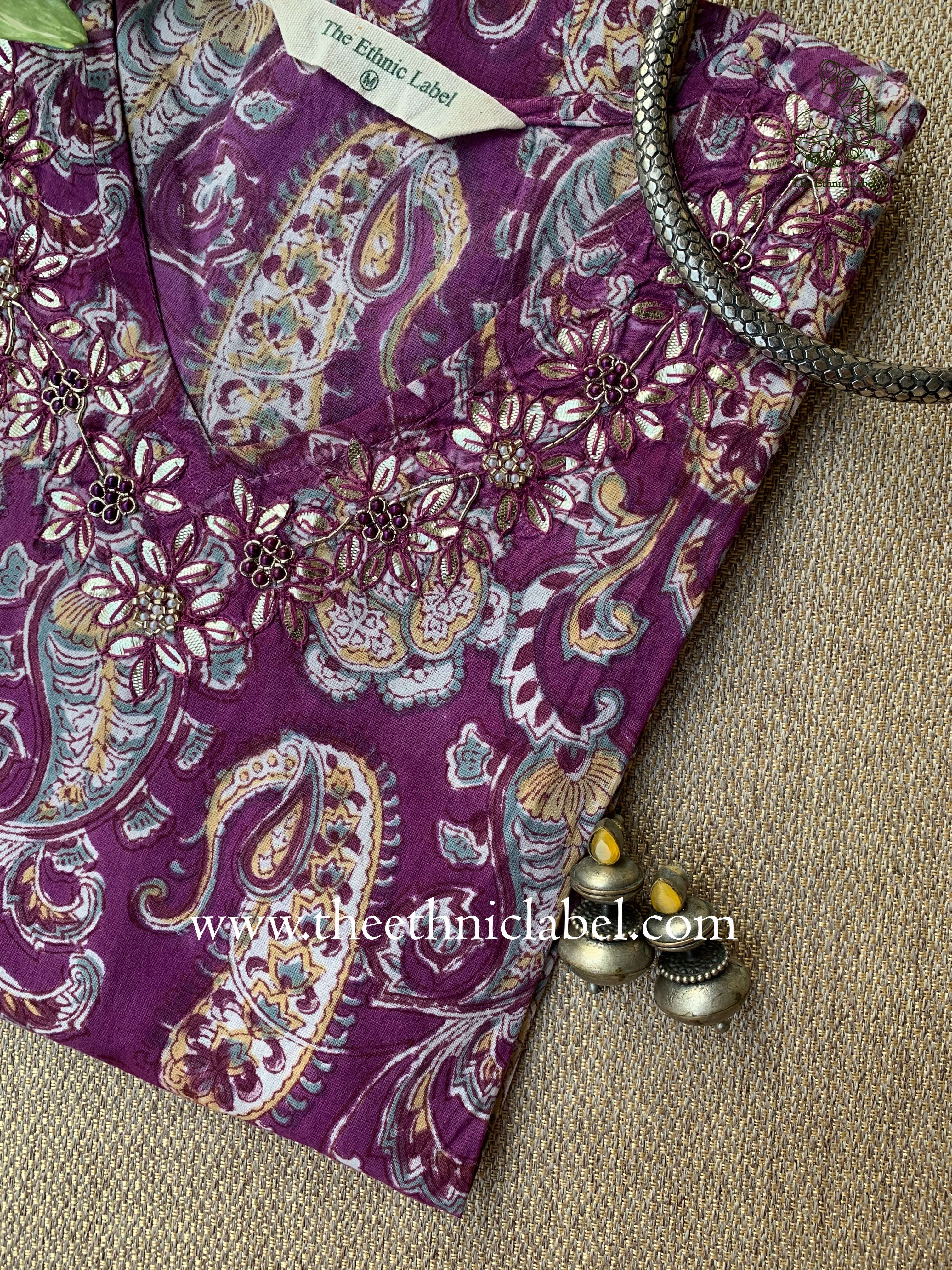 "Ruhi" Hand Embroidered Block Printed Cotton kurta - Image 3