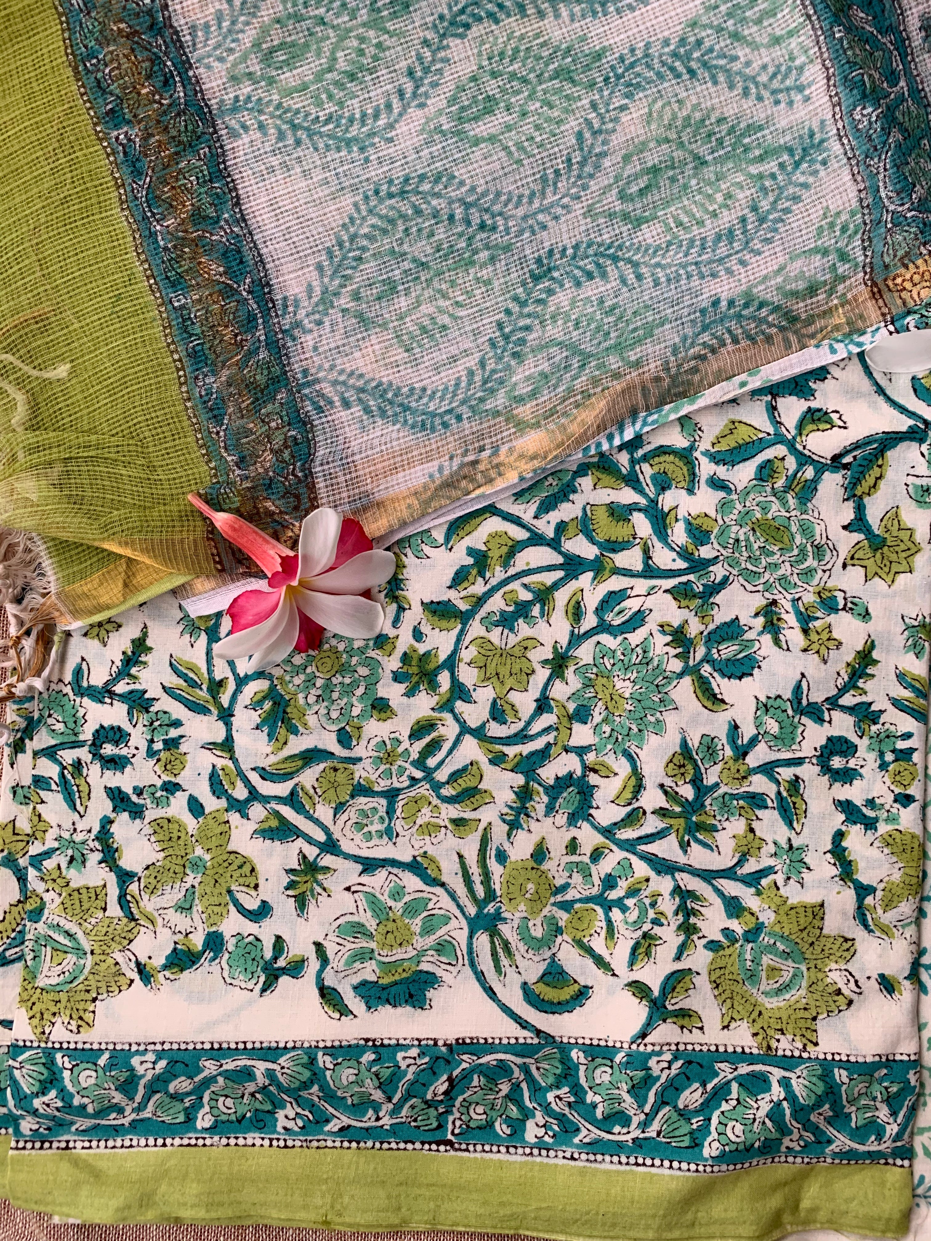 Sea green-White Jaal Floral Unstitched Suit Set with Doria Dupatta - Image 3