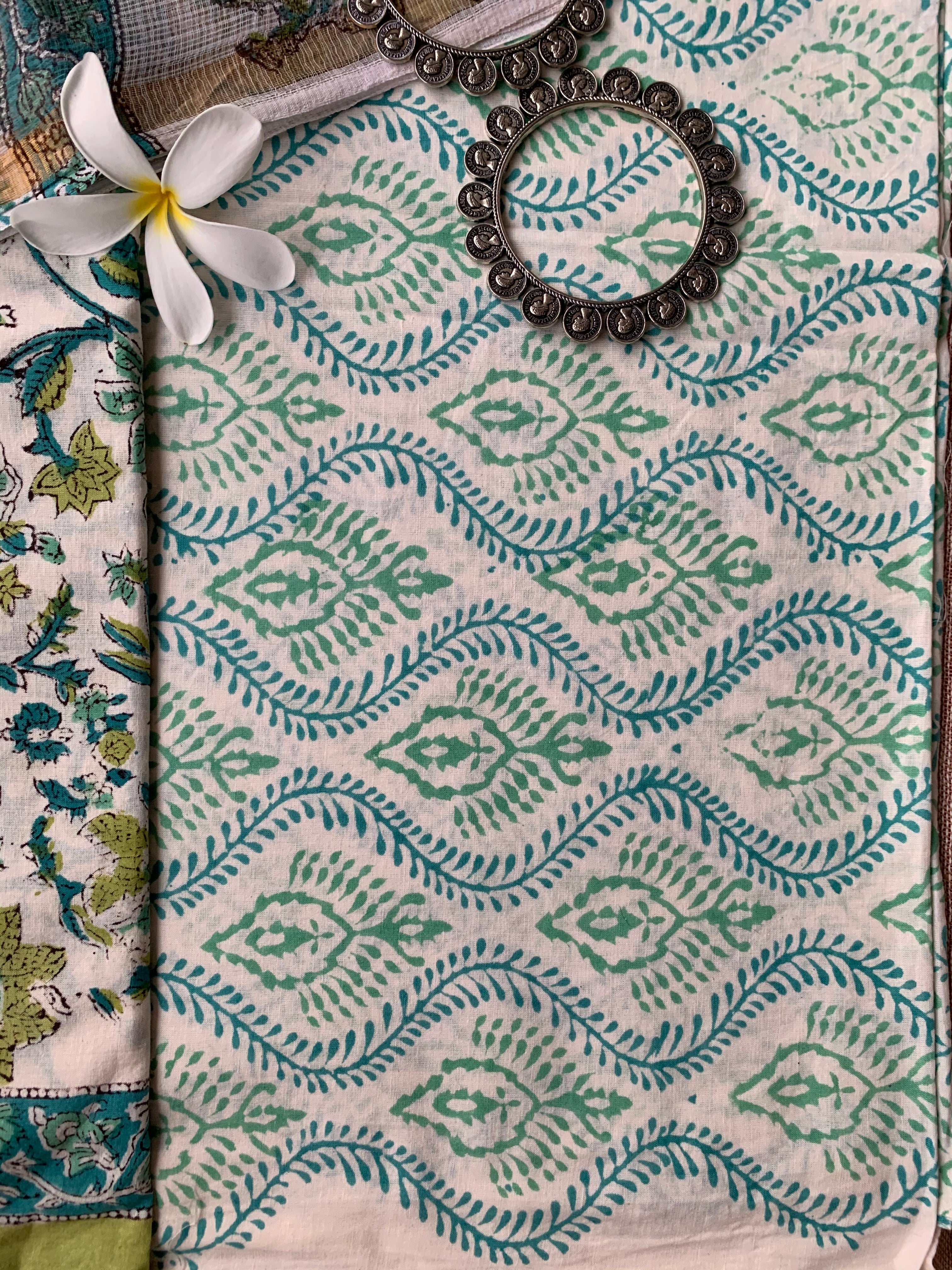 Sea green-White Jaal Floral Unstitched Suit Set with Doria Dupatta - Image 4