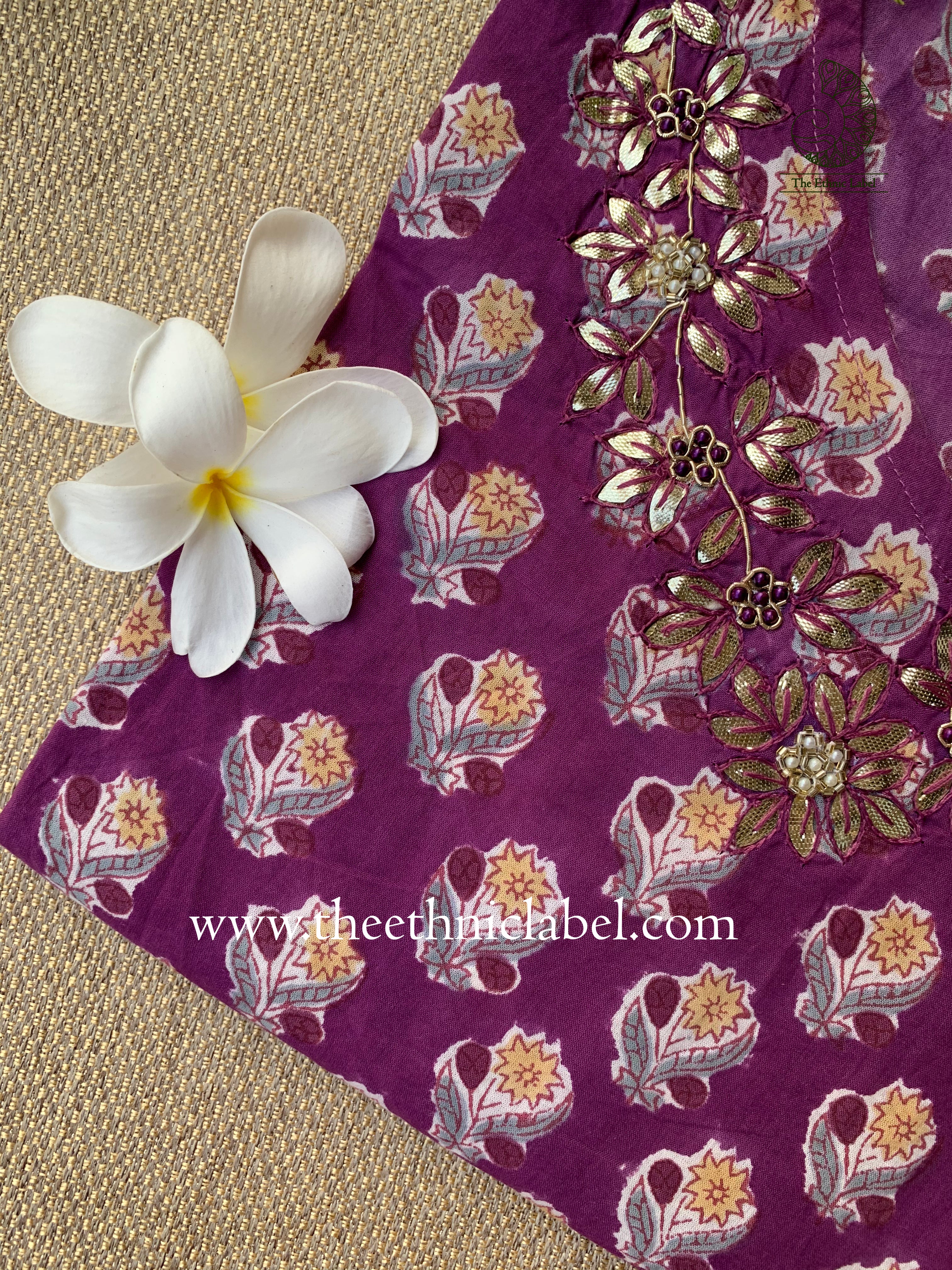 "Shalini" Hand Embroidered Block Printed Cotton kurta - Image 3