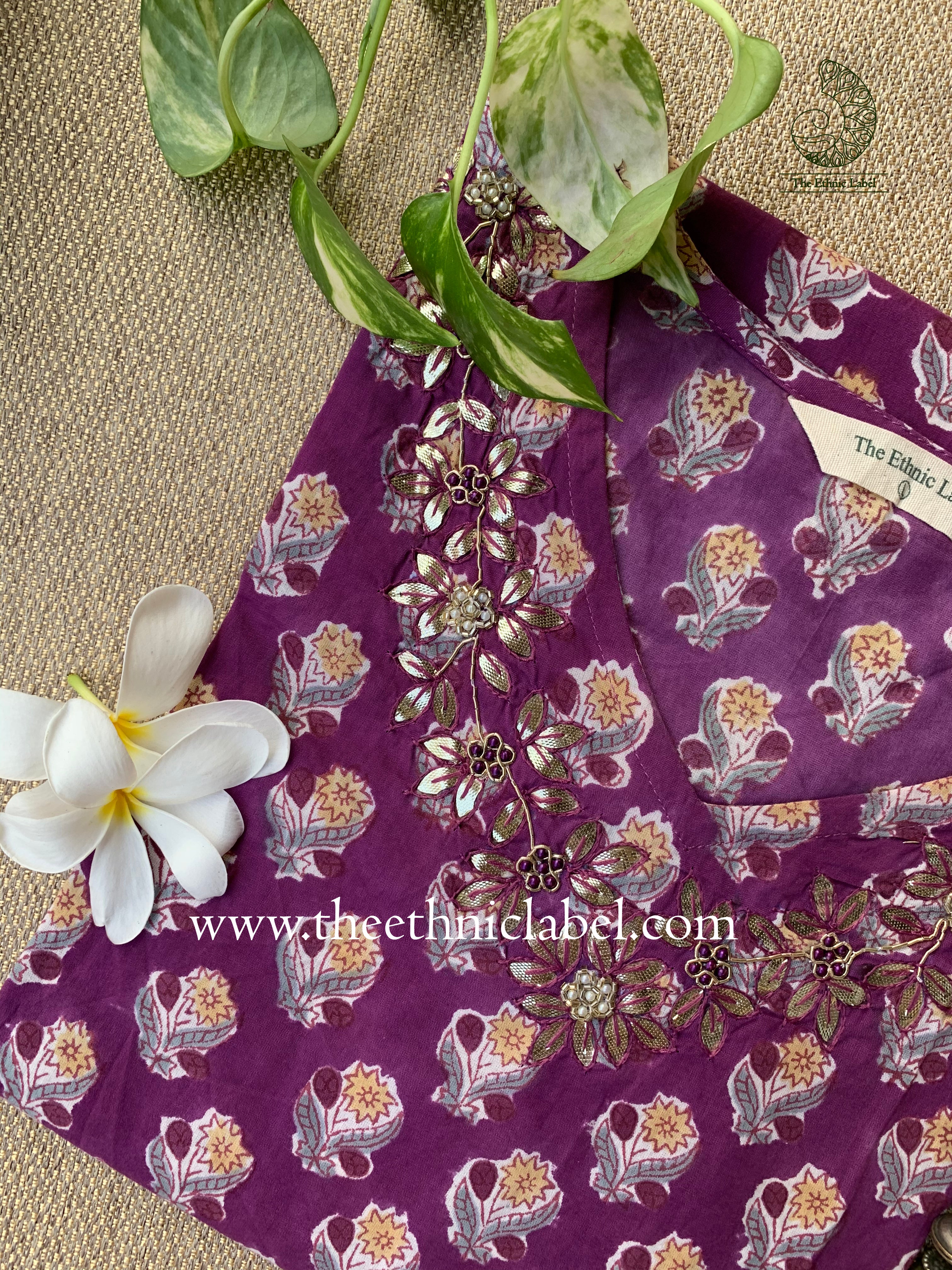 "Shalini" Hand Embroidered Block Printed Cotton kurta - Image 4