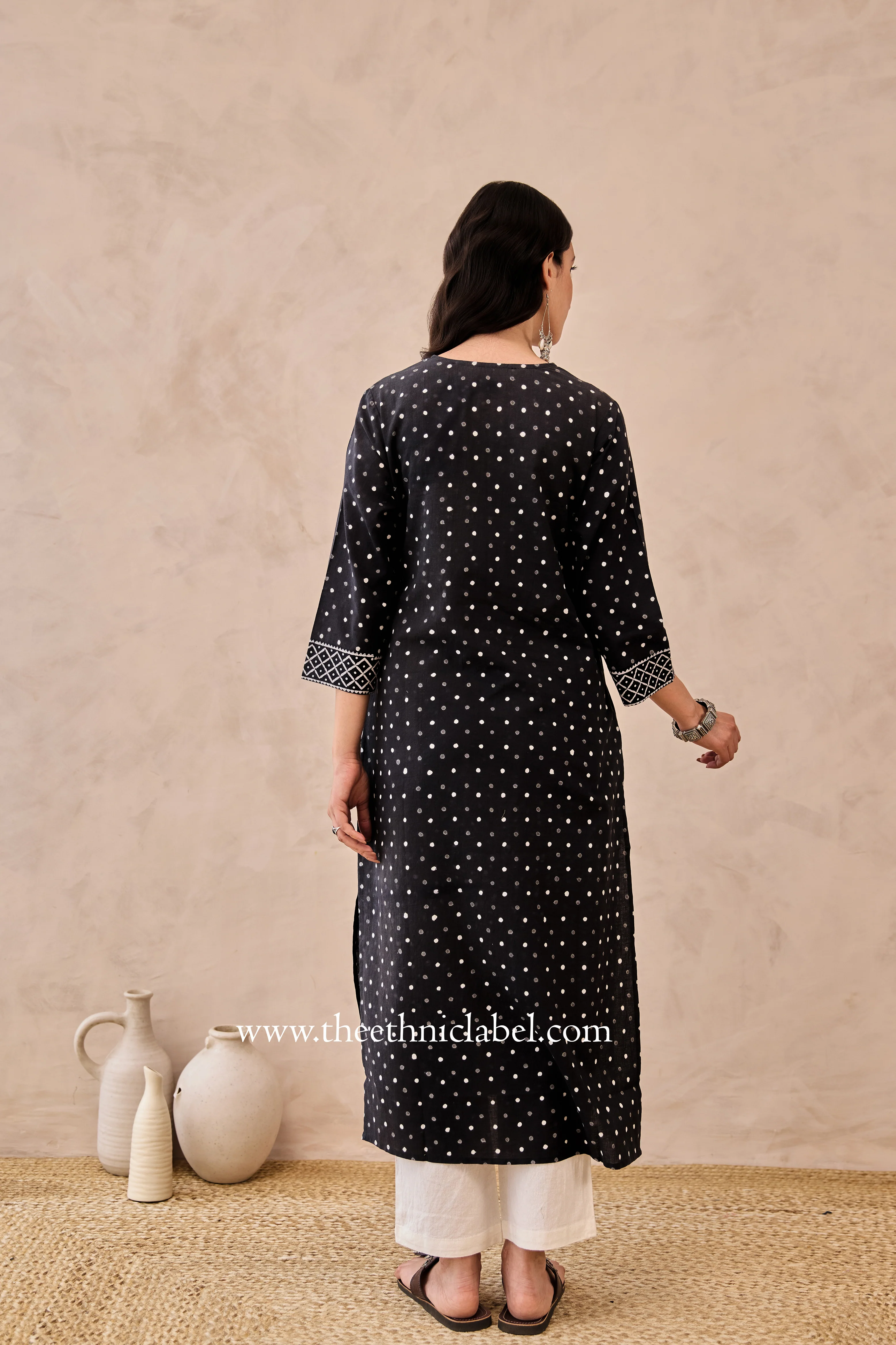"Siyahi" Black Polka Hand Block Printed Cotton Kurta - Image 3