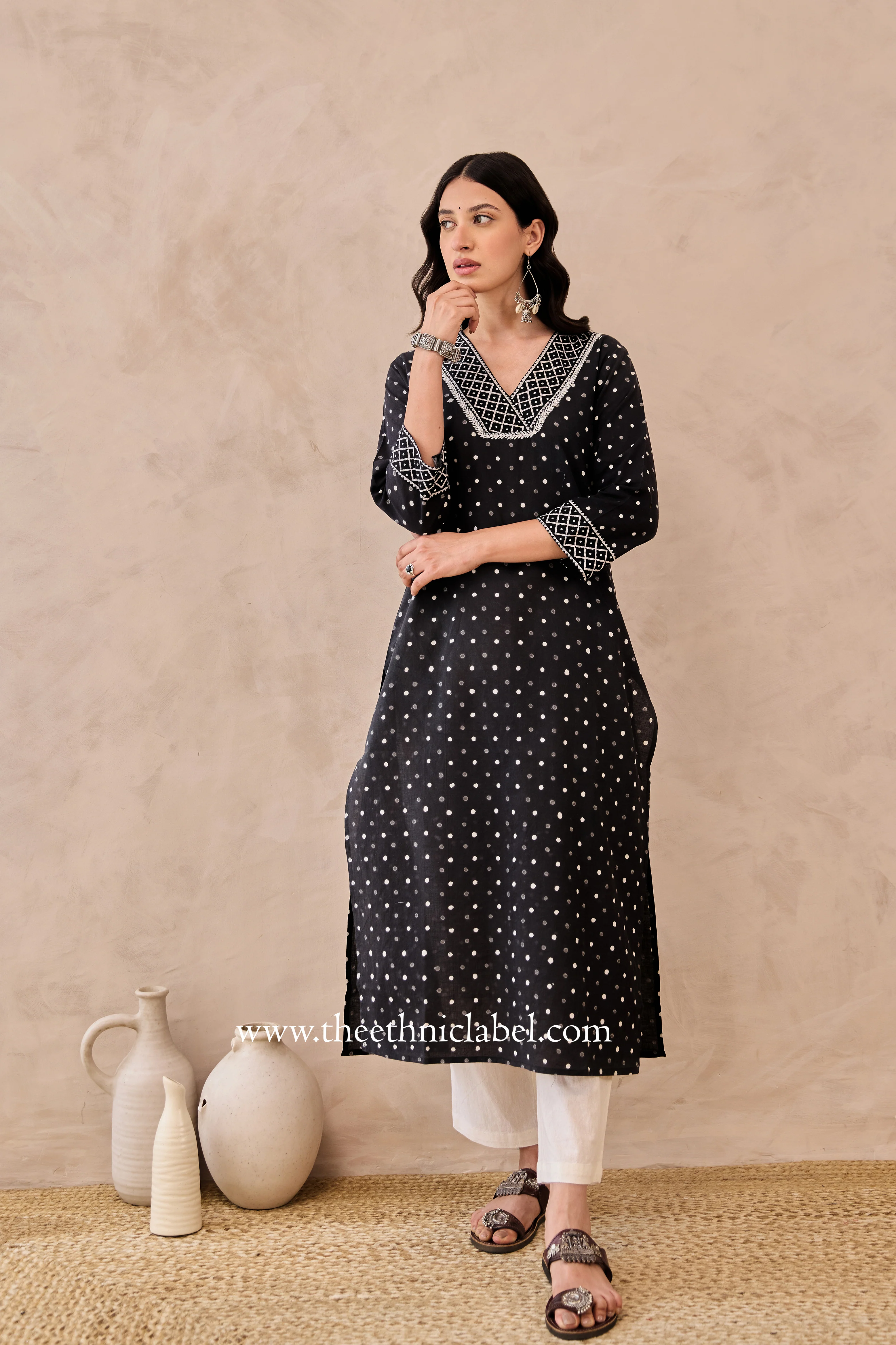 "Siyahi" Black Polka Hand Block Printed Cotton Kurta - Image 4