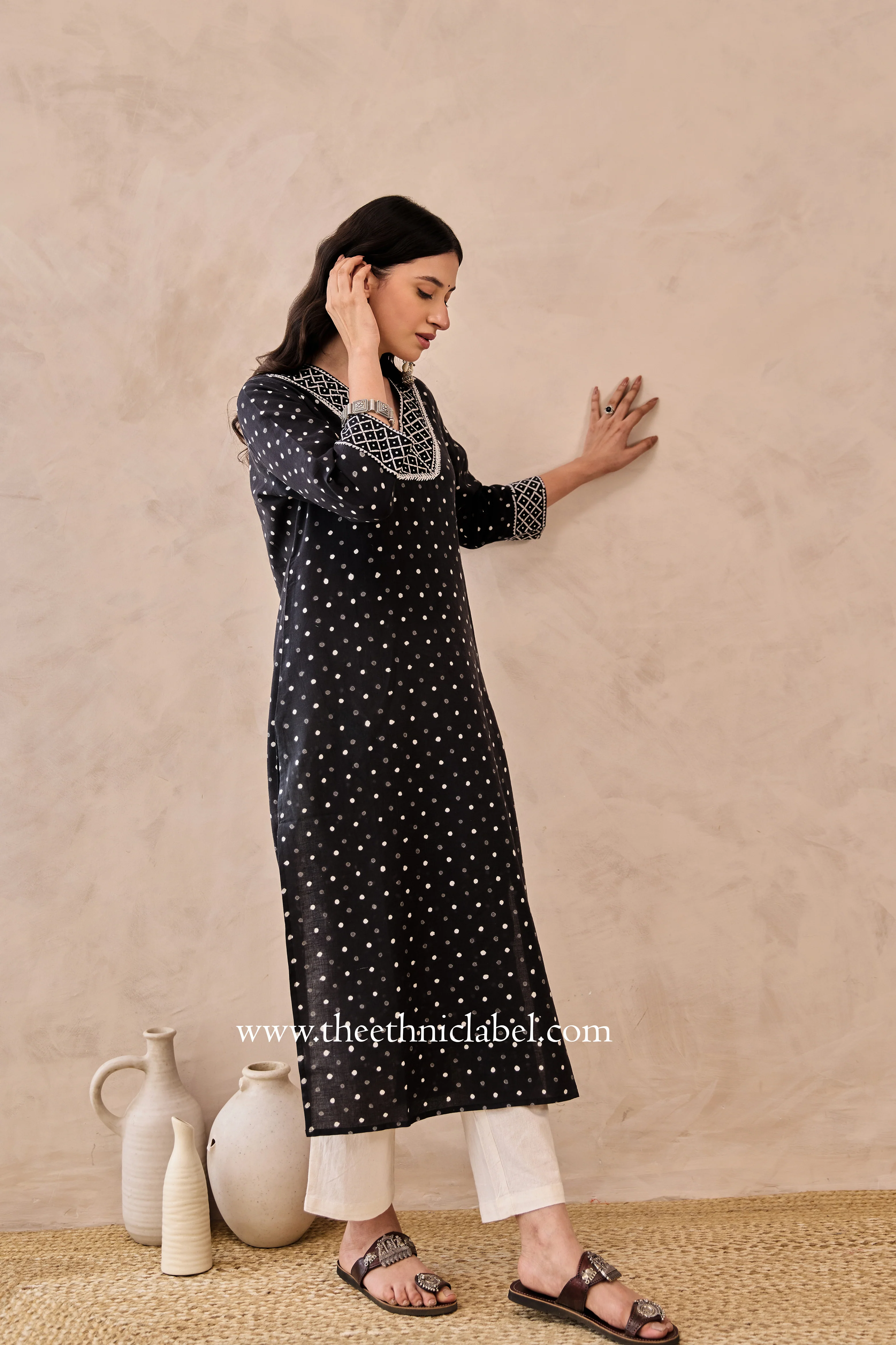"Siyahi" Black Polka Hand Block Printed Cotton Kurta - Image 5