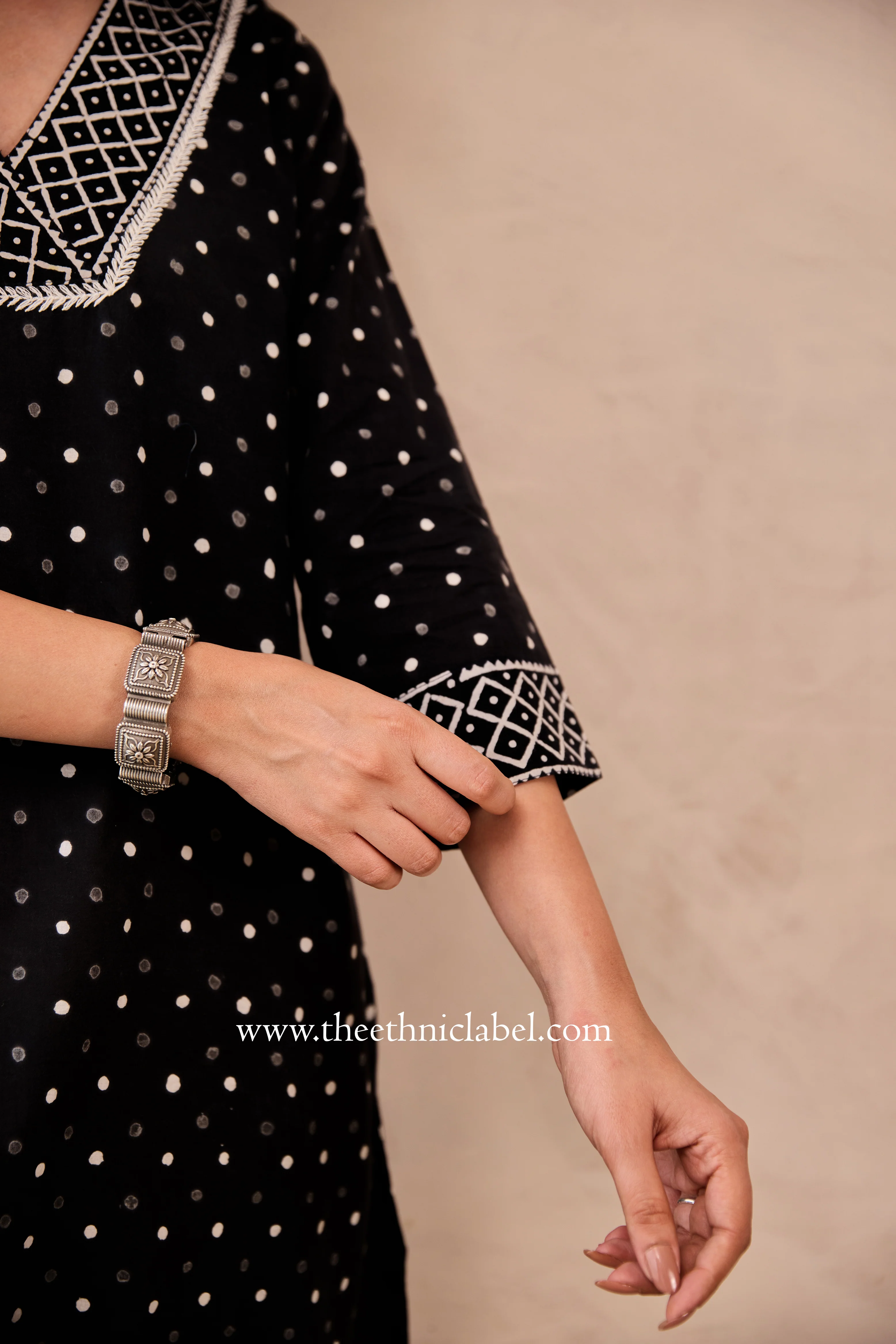 "Siyahi" Black Polka Hand Block Printed Cotton Kurta - Image 7