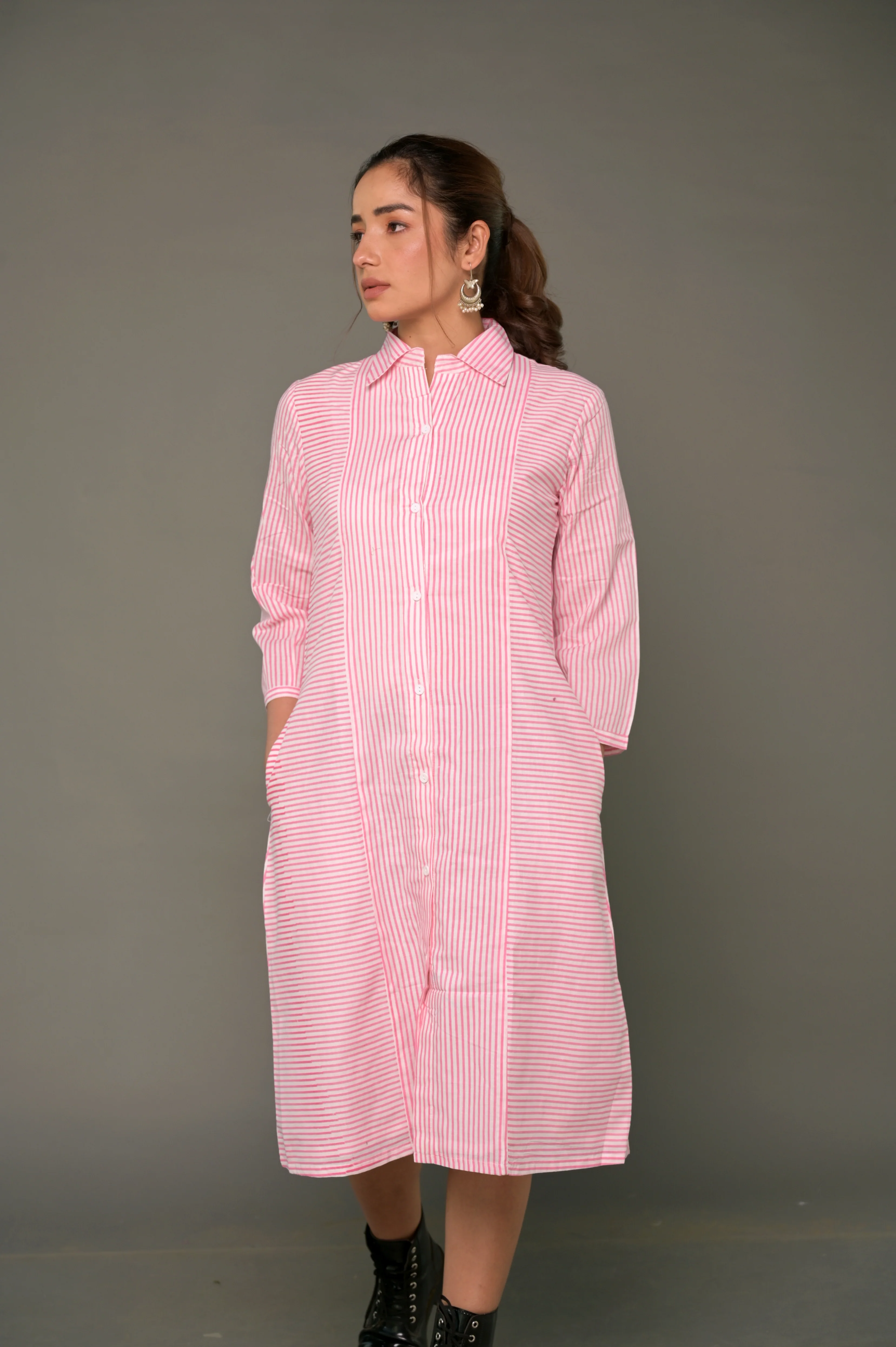 White & Pink 'Sassy' Cotton Shirt Dress - Image 4